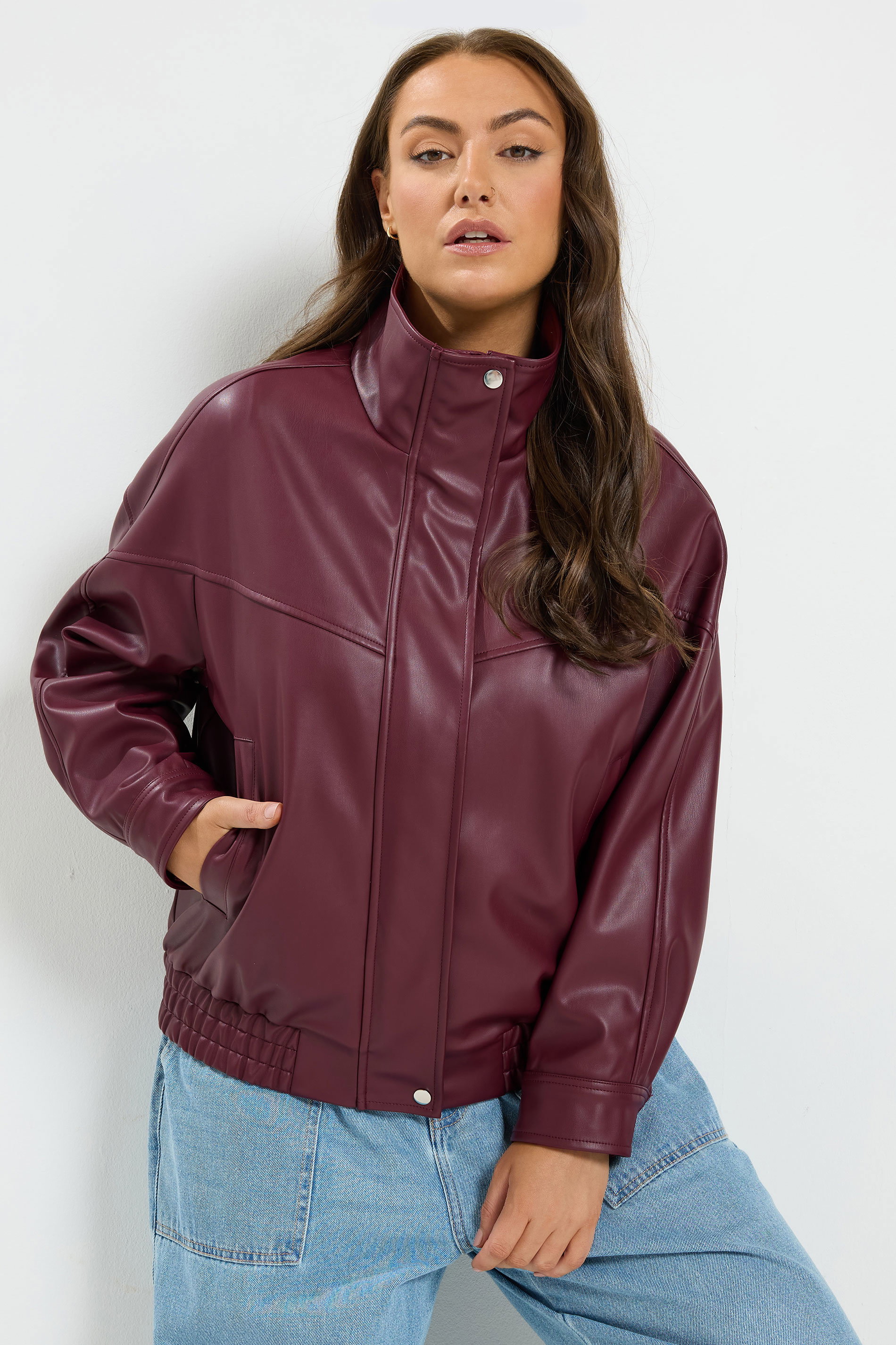 YOURS Plus Size Red Faux Leather Funnel Neck Jacket | Yours Clothing 1
