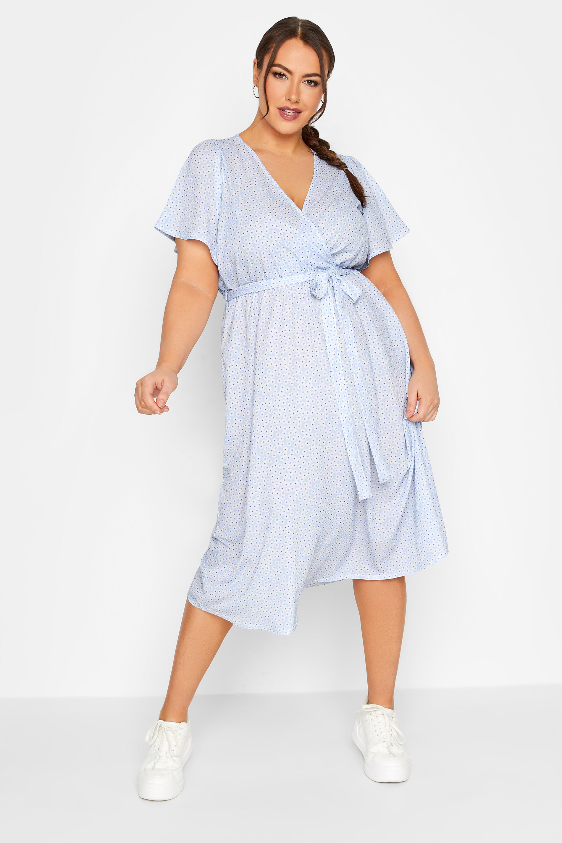 LIMITED COLLECTION Plus Size Blue Ditsy Floral Print Wrap Dress | Yours Clothing 2
