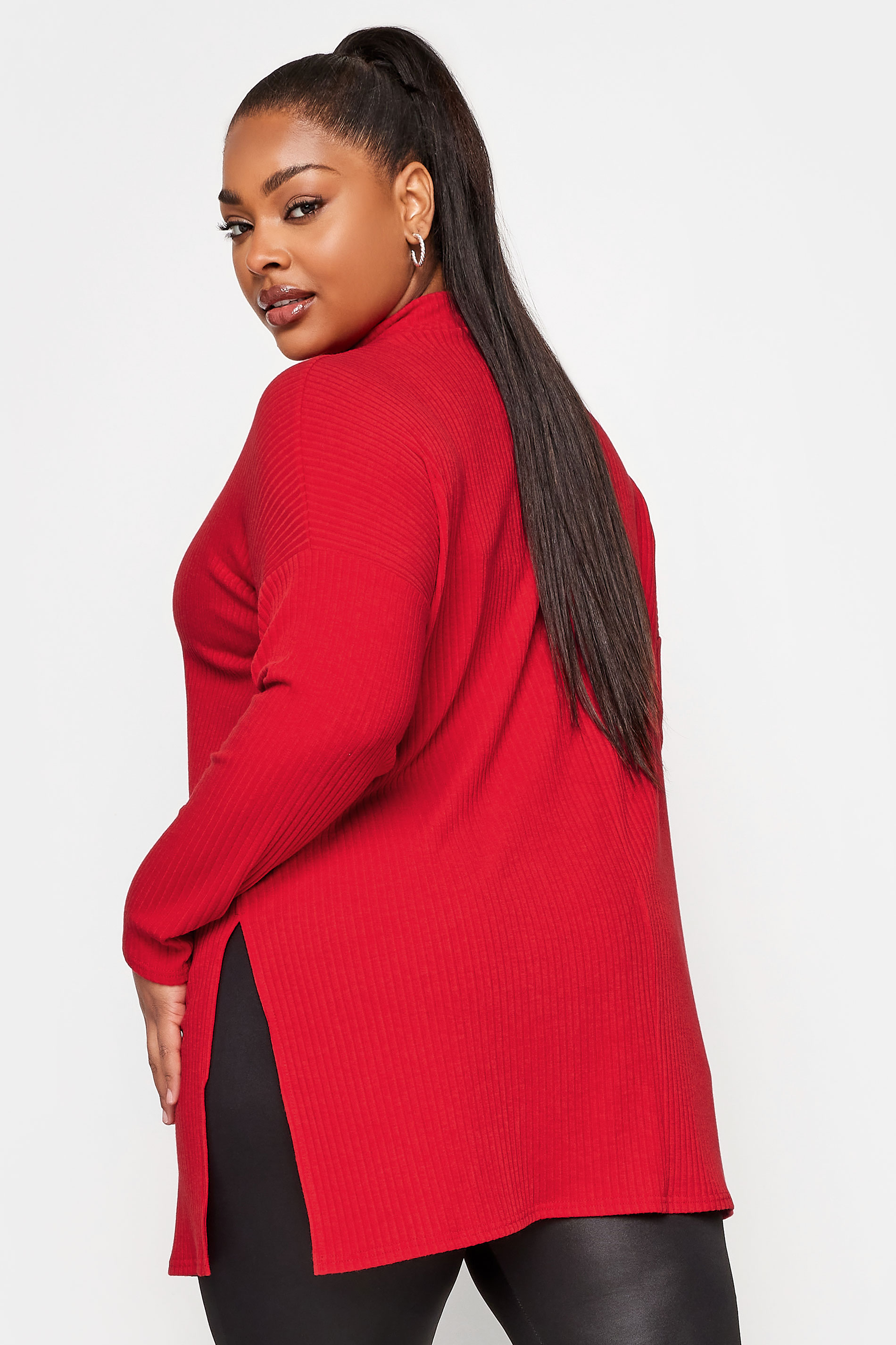 YOURS Plus Size Red Ribbed Turtle Neck Top | Yours Clothing 3
