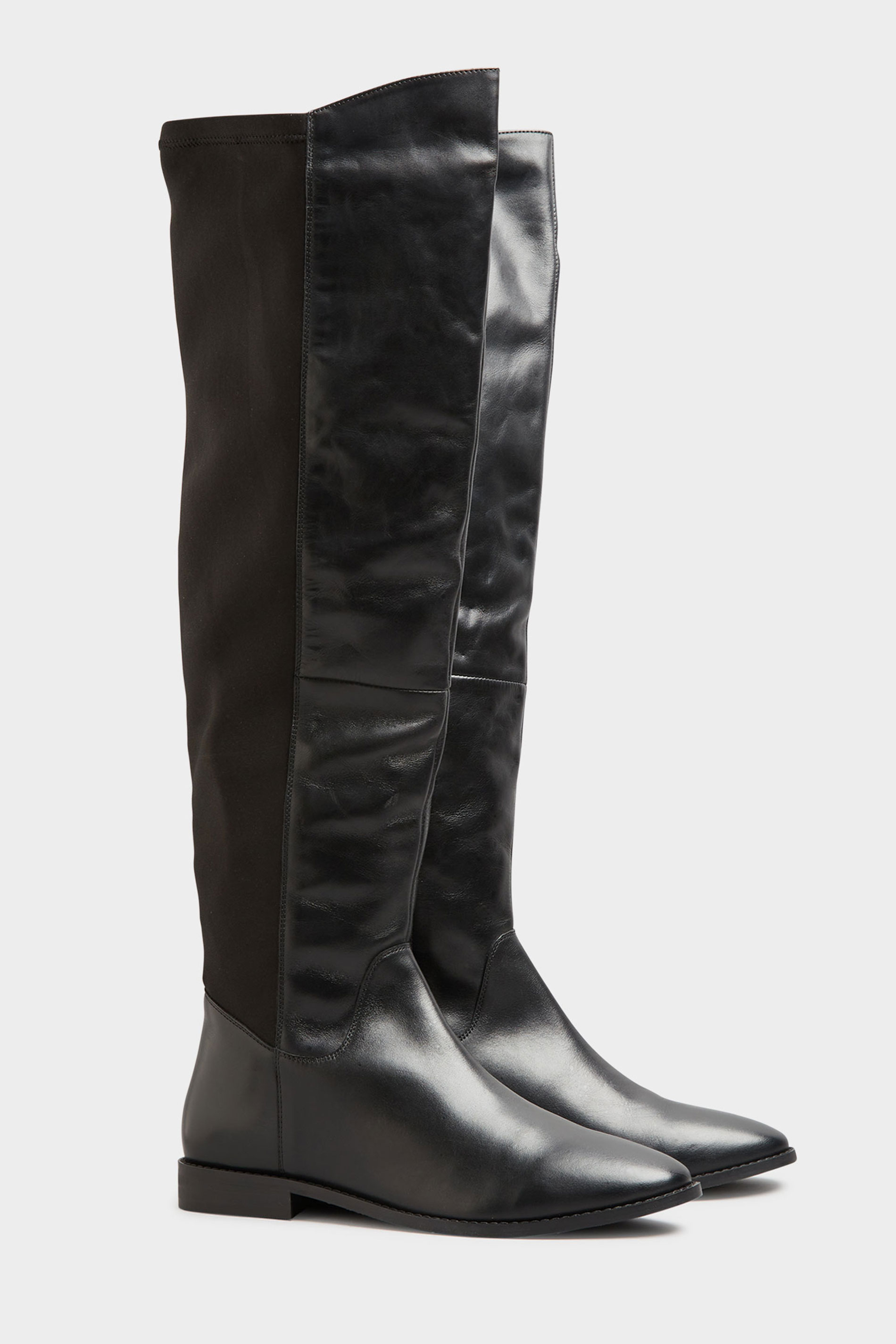 LTS Black Faux Leather Stretch Knee High Boots In Standard D Fit 1