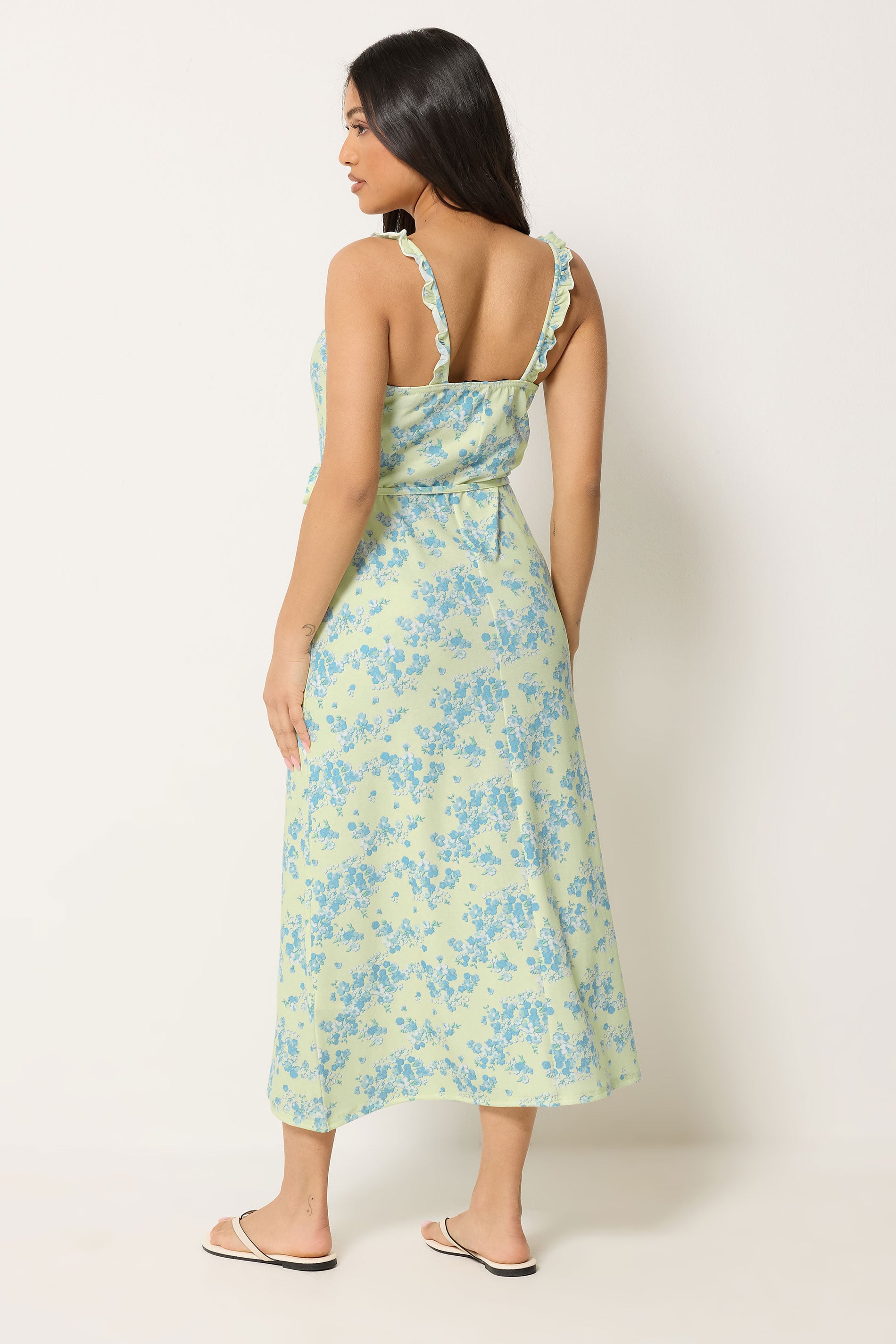 PixieGirl Petite Women's Yellow Floral Belted Midi Dress | PixieGirl 2