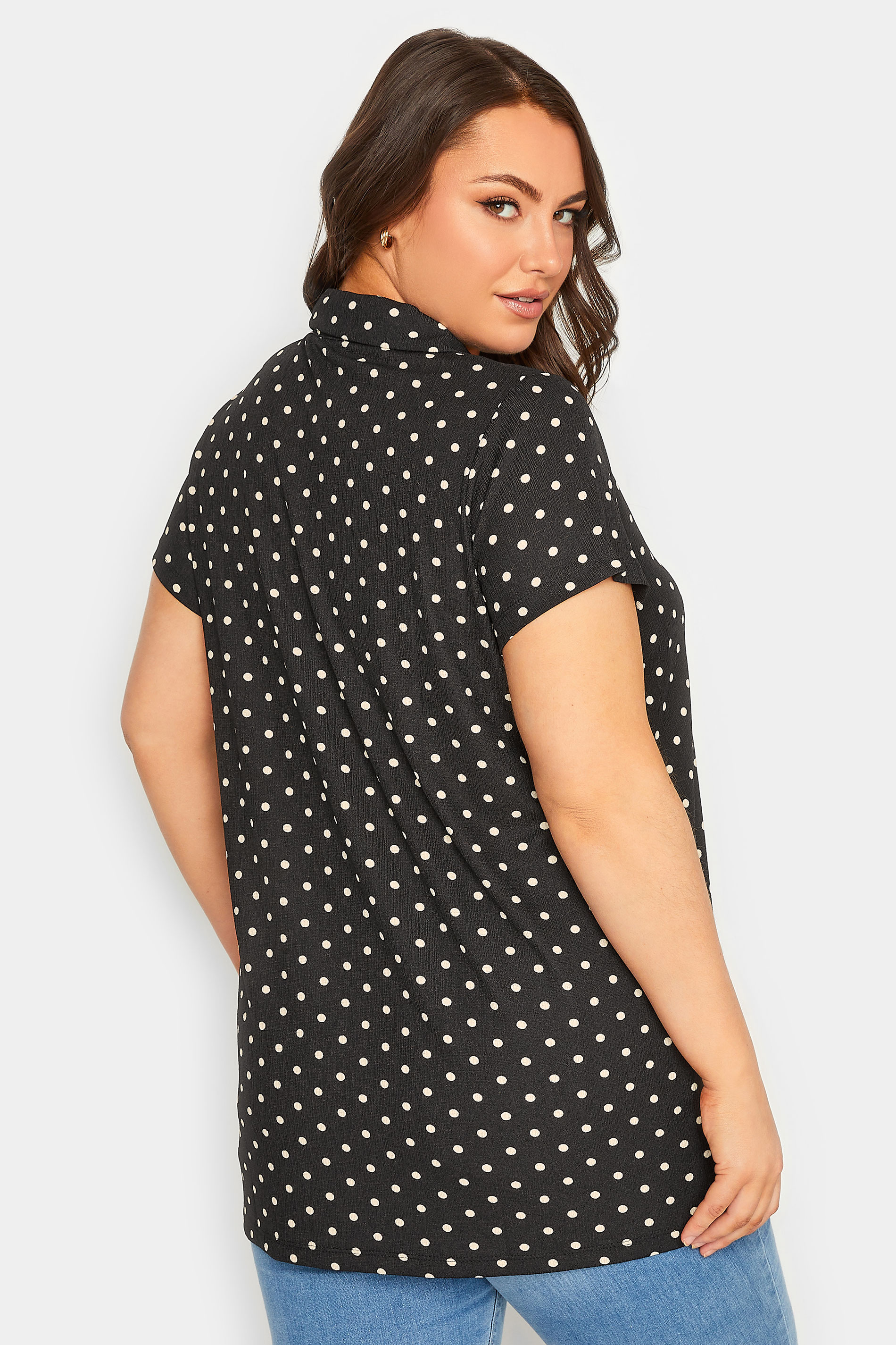 Black Polka Dot Textured Polo Top | Yours Clothing 3
