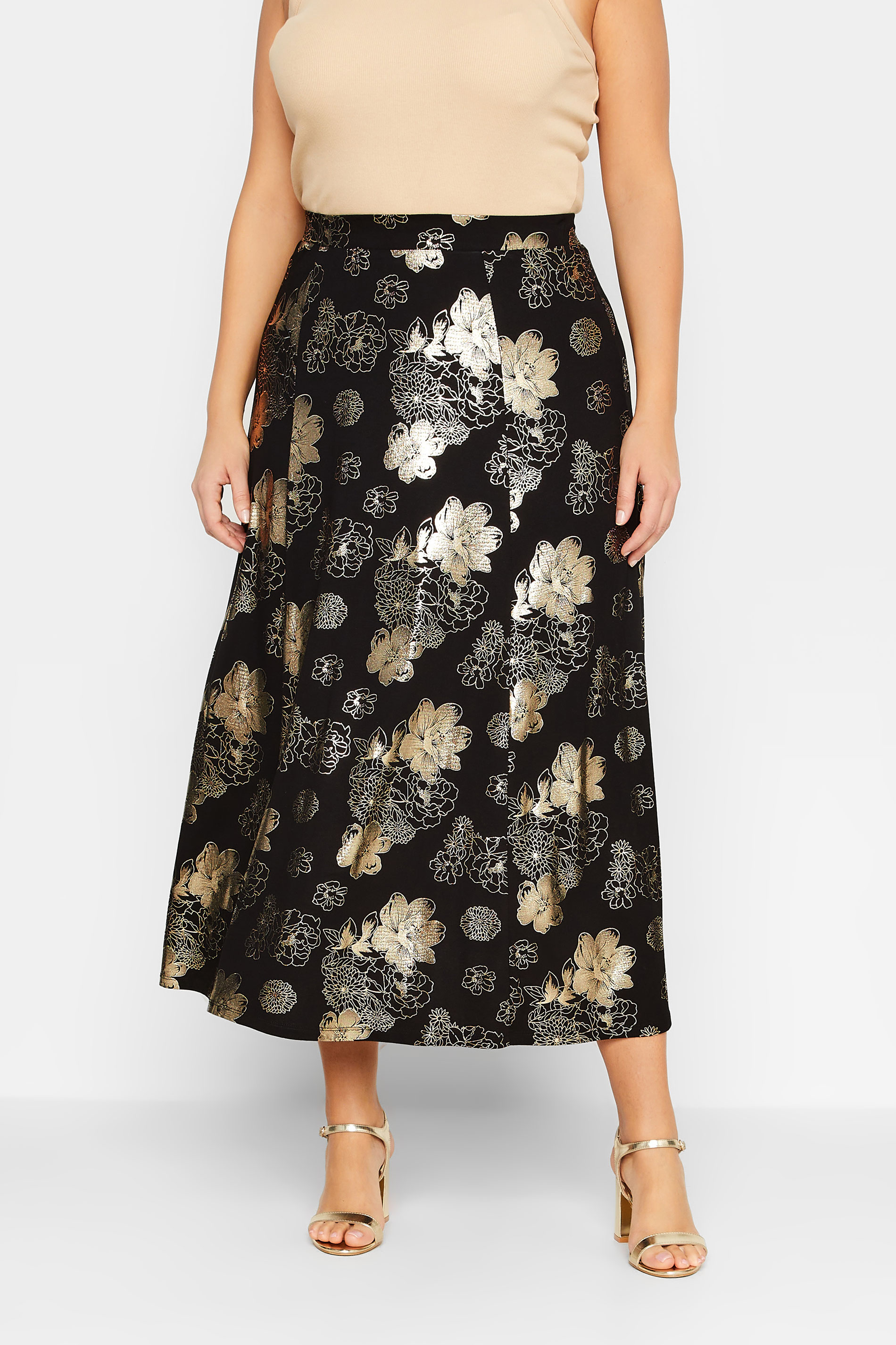 YOURS LUXURY Plus Size Black Floral Foil Printed Skirt | Yours Clothing 1