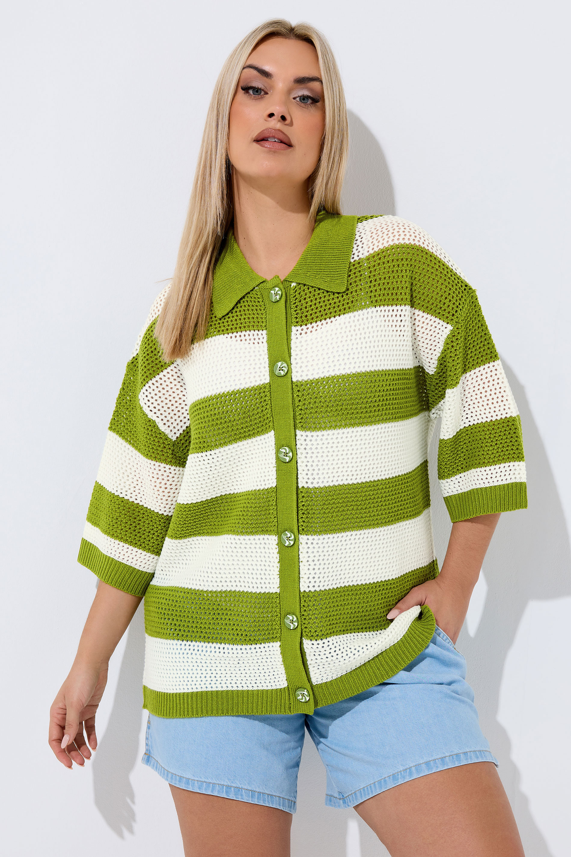 LIMITED COLLECTION Plus Size Green Stripe Boxy Knitted Shirt | Yours Clothing 3