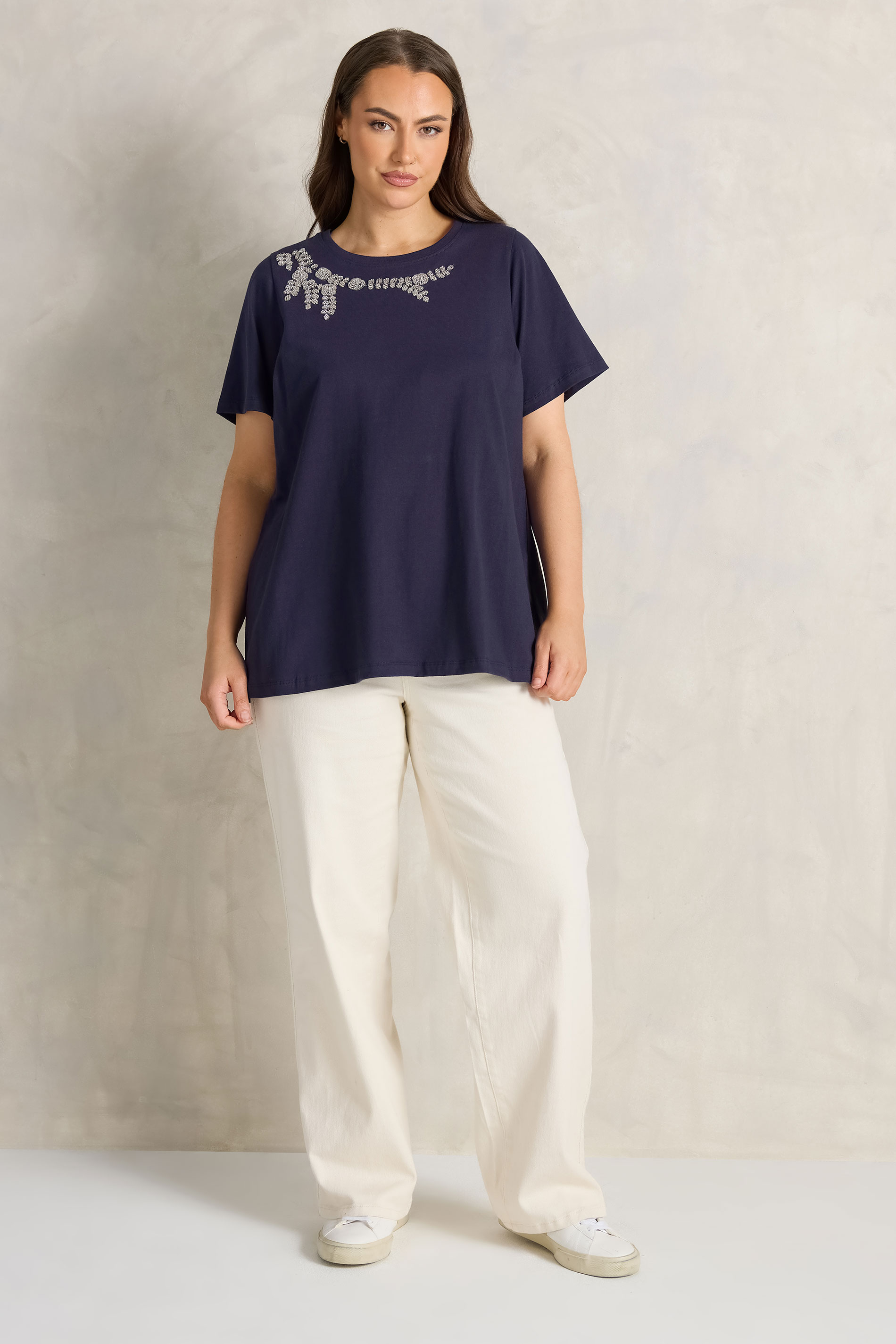 EVANS Plus Size Navy Blue Beaded Flower T-Shirt | Evans 2