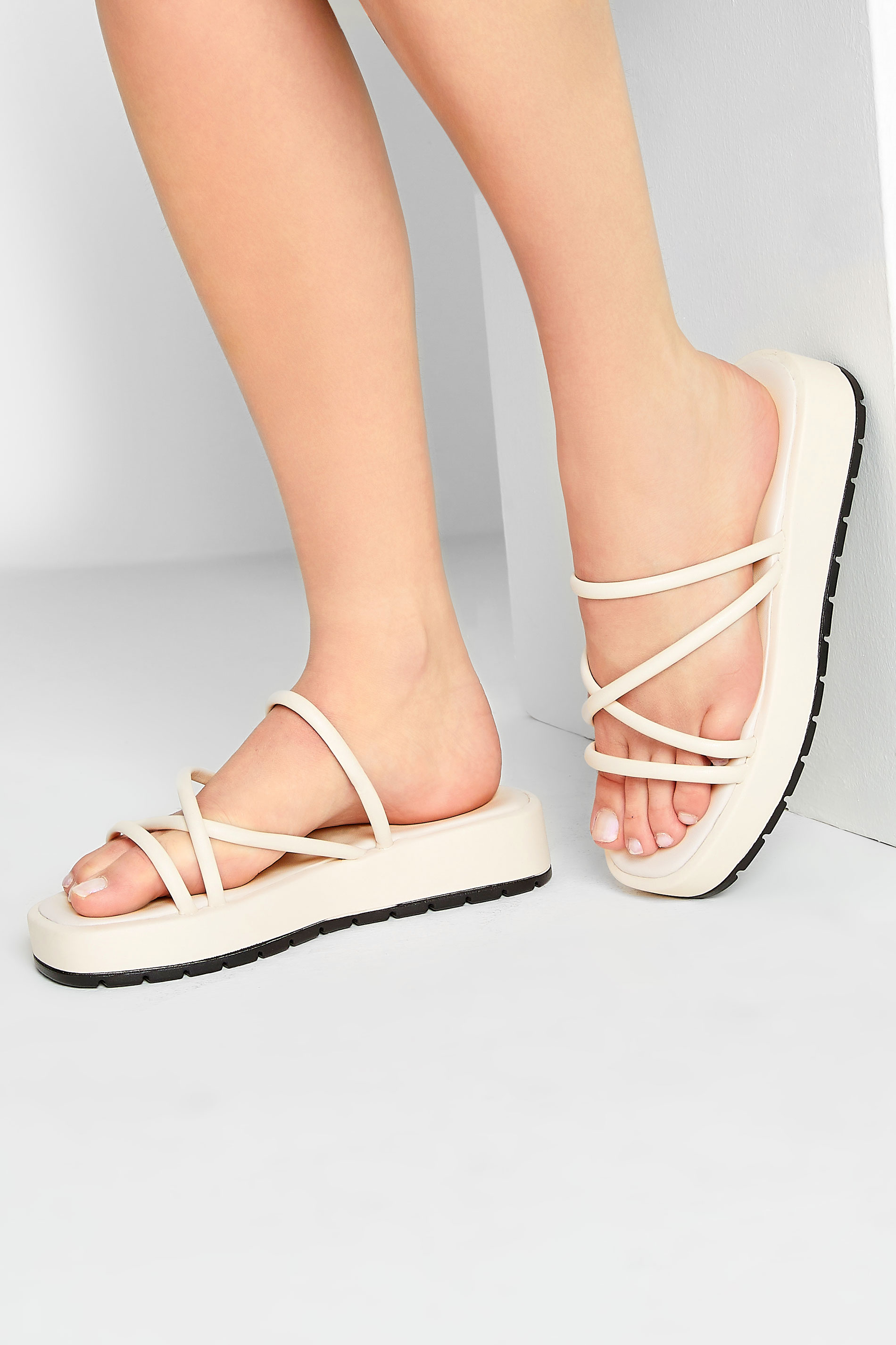 PixieGirl Cream Strappy Flatform Sandals In Standard Fit | PixieGirl 1