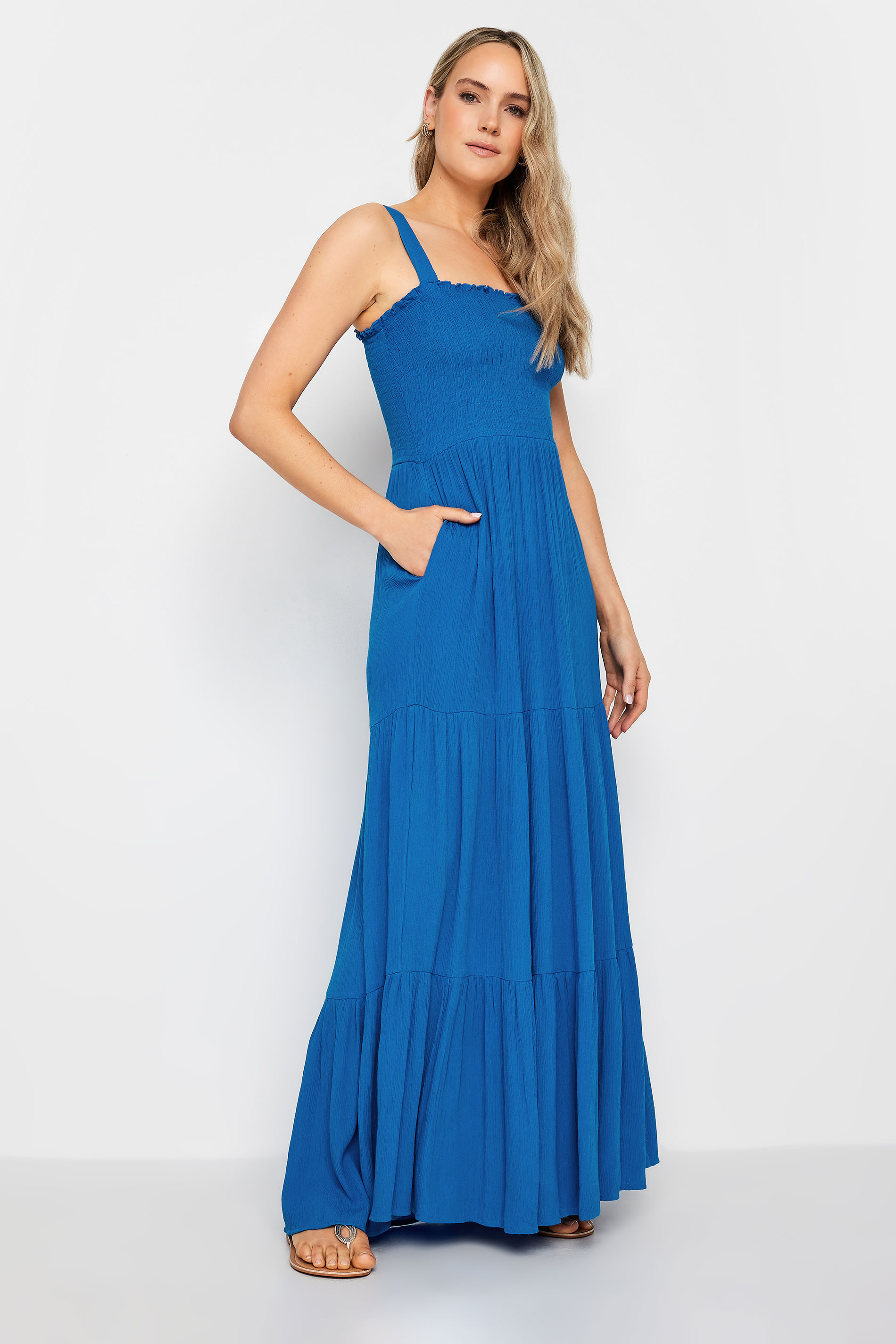 LTS Tall Womens Cobalt Blue Shirred Tiered Maxi Dress | Long Tall Sally 3