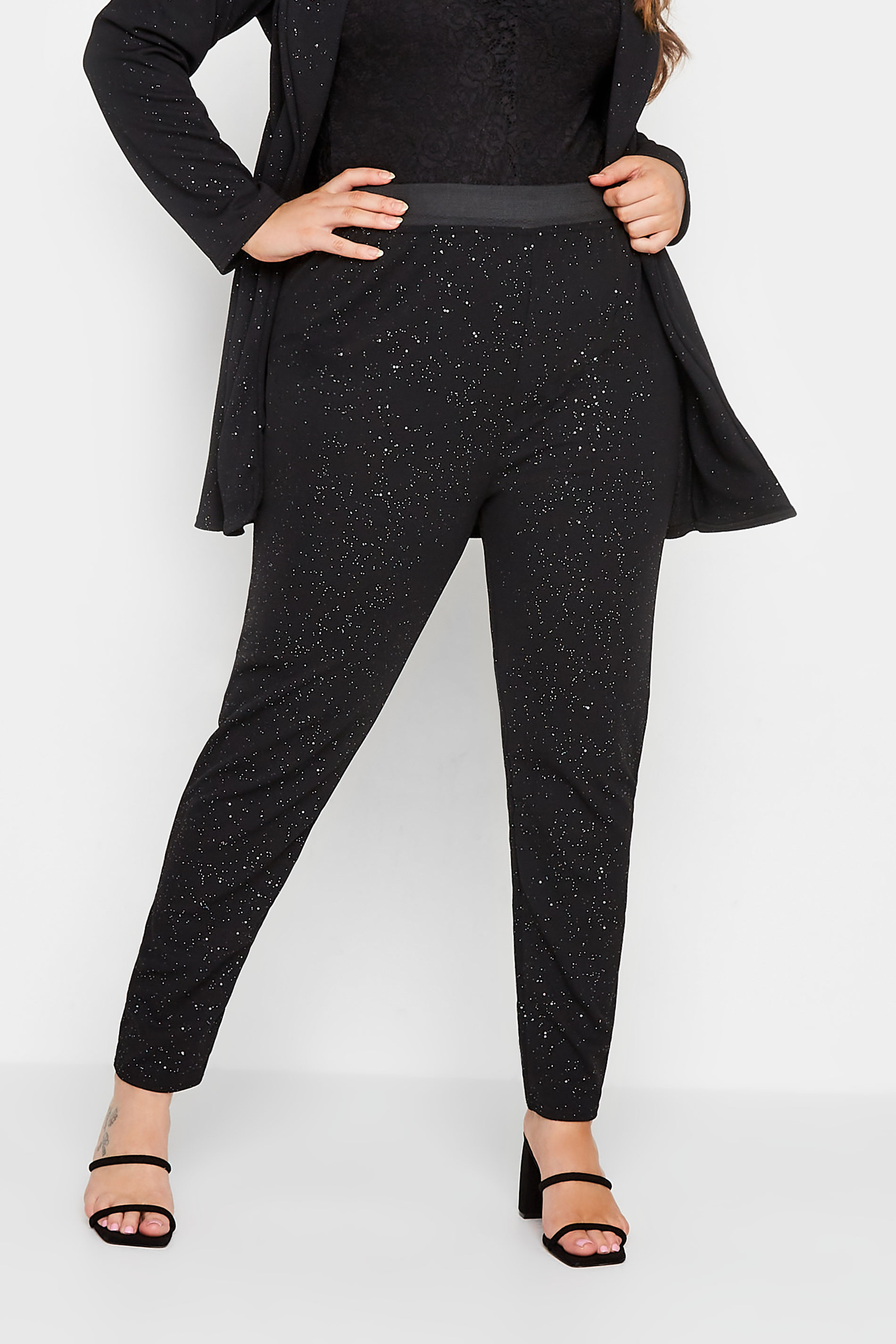 YOURS LONDON Plus Size Black Glitter Tapered Stretch Trousers | Yours Clothing 1