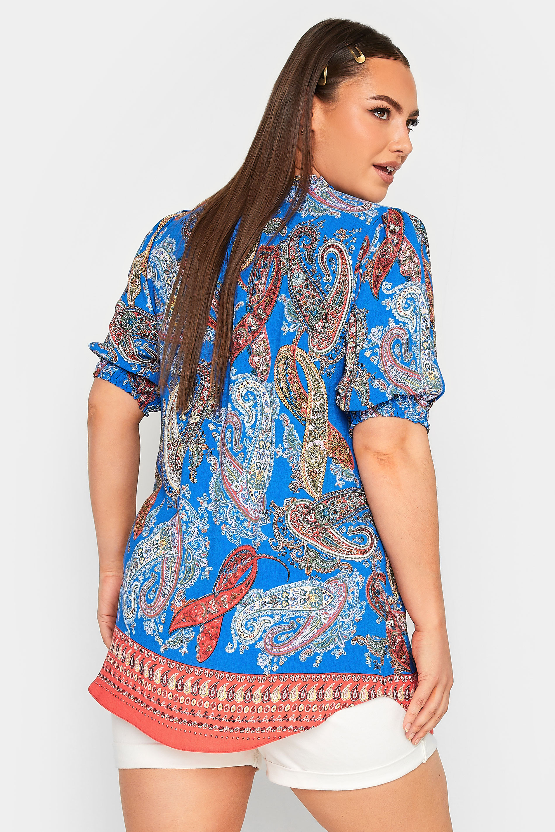 YOURS Plus Size Blue Paisley Print Tie Neck Blouse | Yours Clothing 3