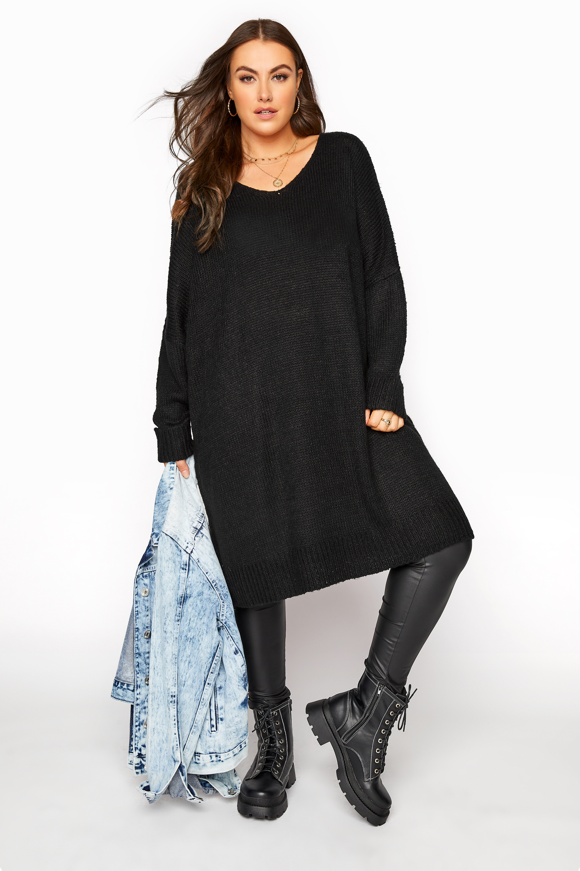 Plus Size Curve Black Drop Sleeve Knitted Jumper Dress | Yours Clothing 1