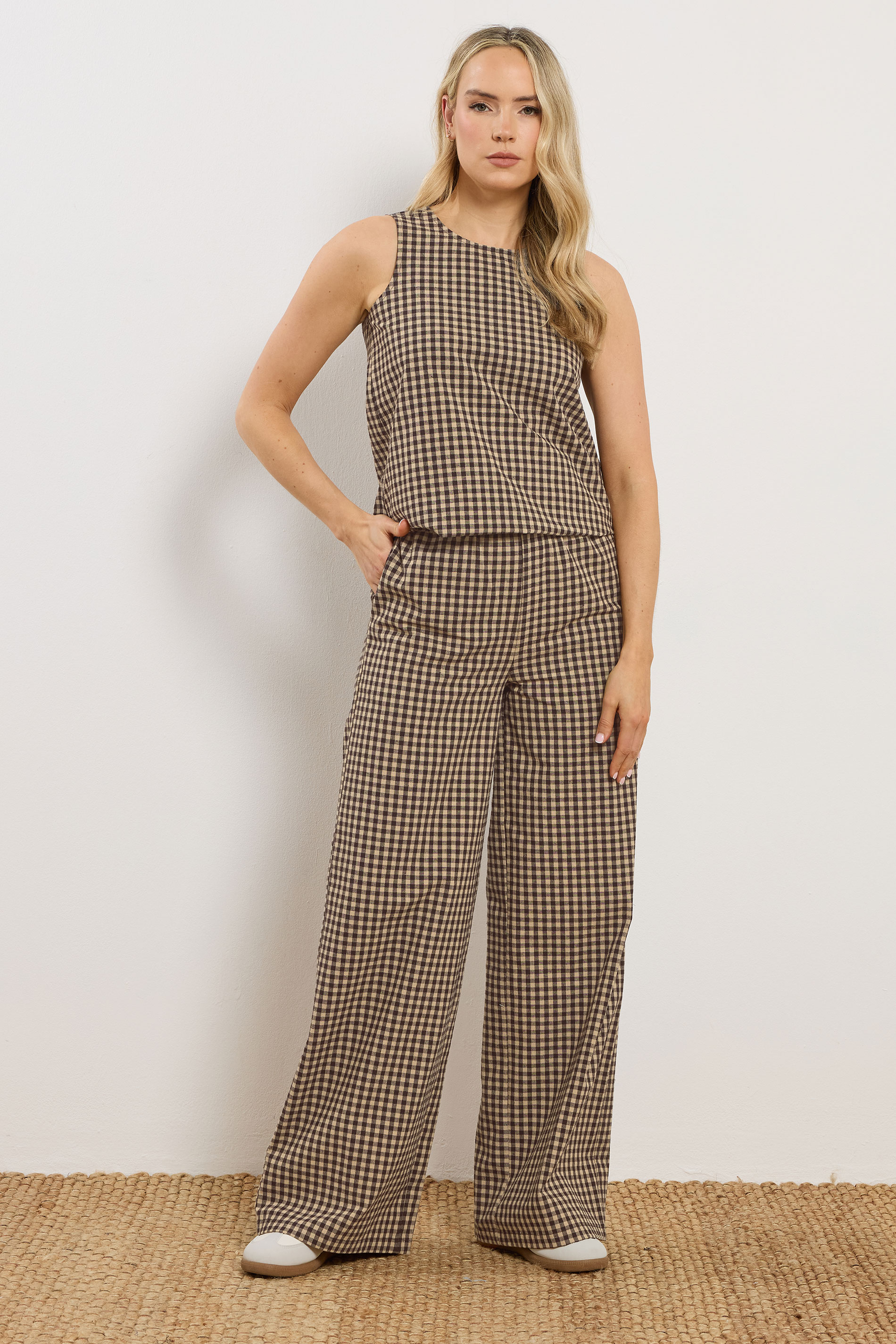 LTS Tall Women's Brown Gingham Print Wide Leg Trousers | Long Tall Sally 3