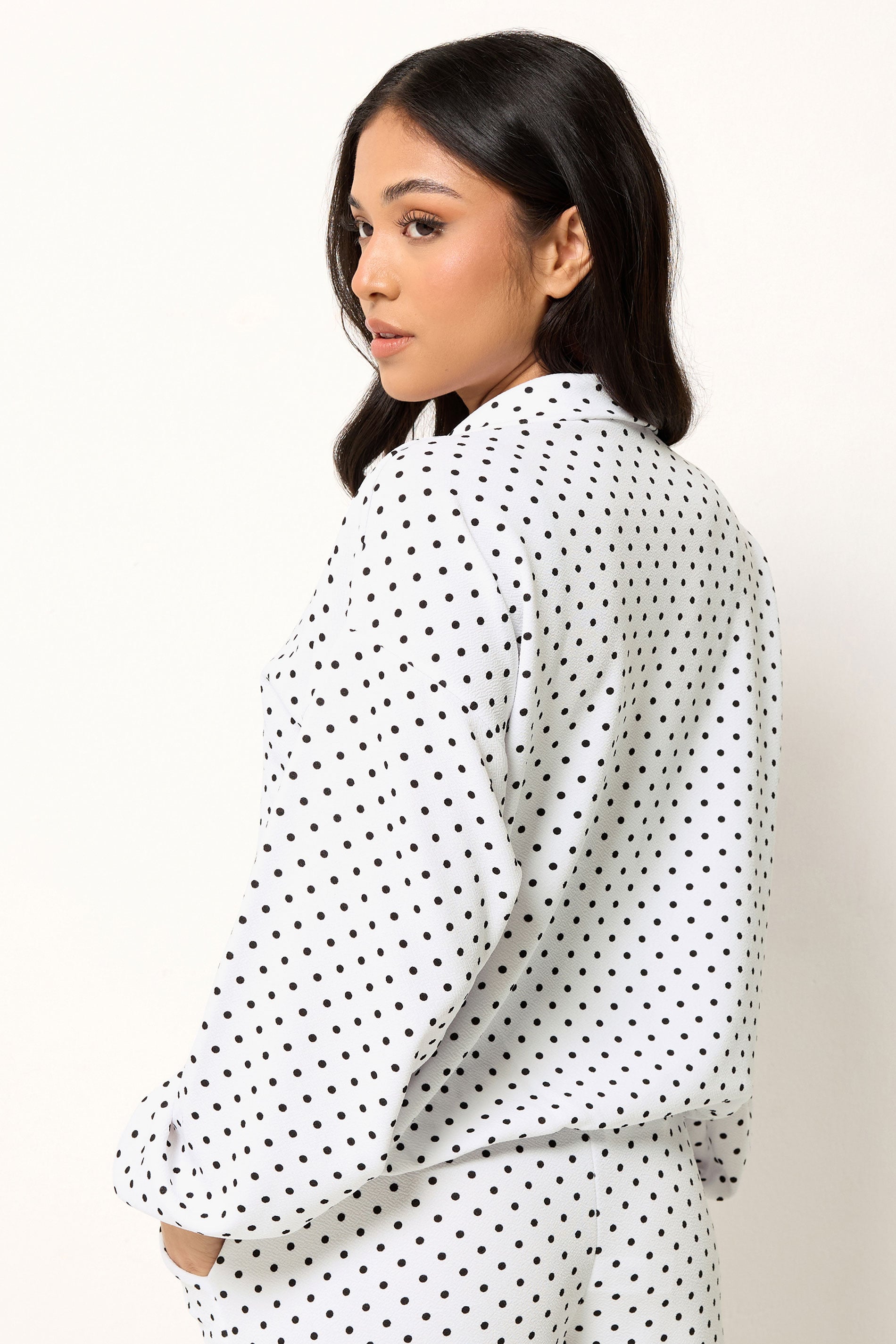 PixieGirl Petite Women's White Polka Dot Textured Funnel Neck Jacket | PixieGirl 4