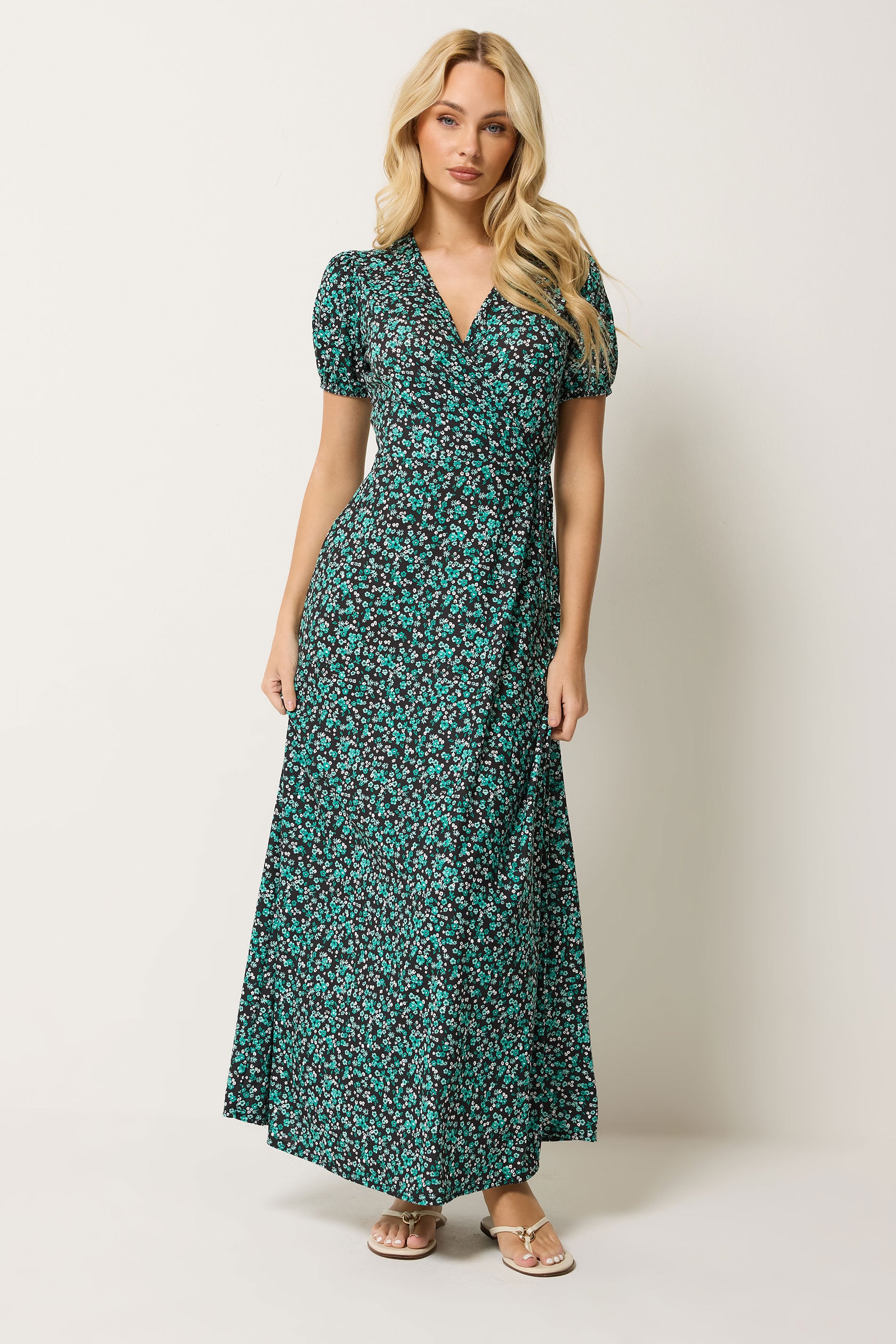 M&Co Teal Green Ditsy Floral Print Wrap Dress | M&Co 3