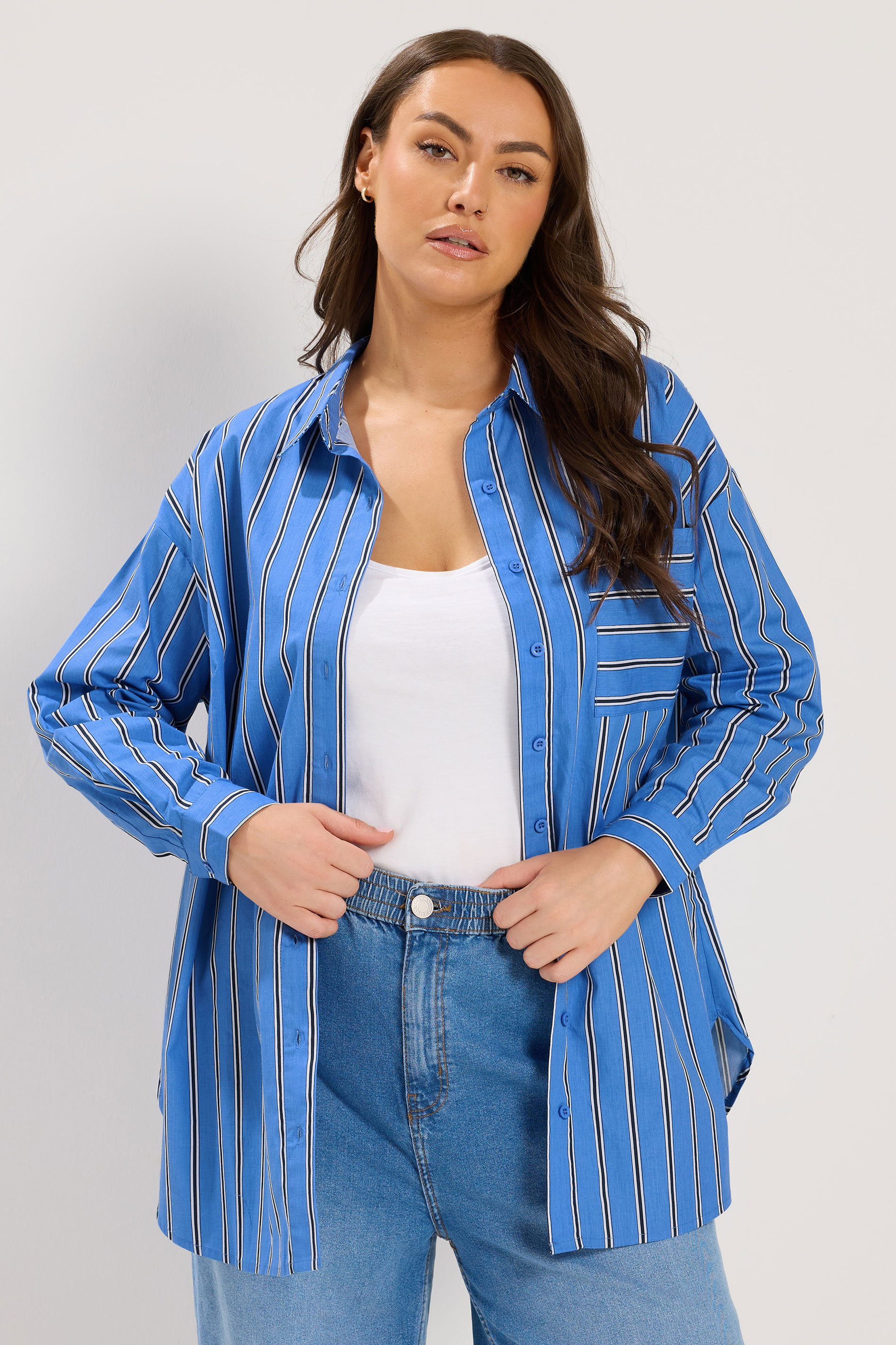 YOURS Plus Size Blue Stripe Button Through Shirt | Yours Clothing 2