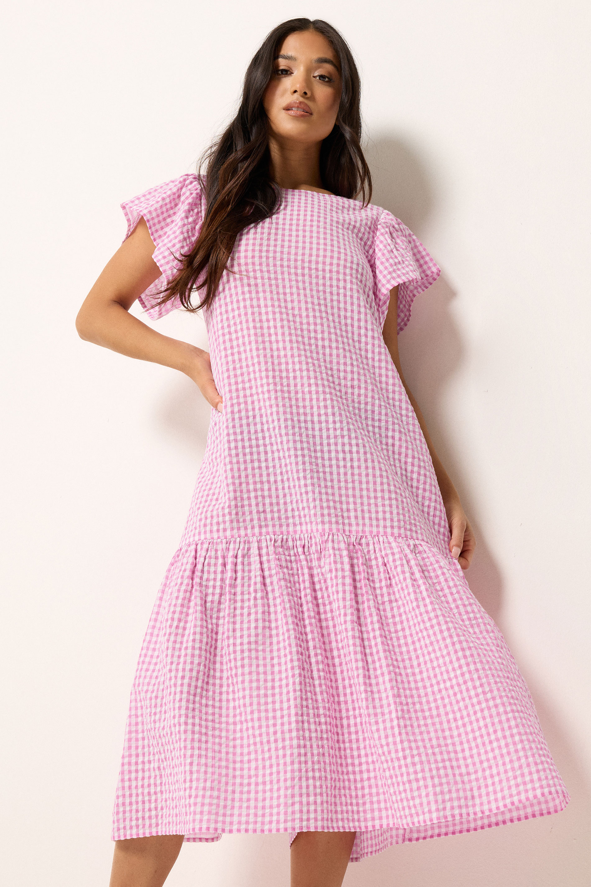 PixieGirl Petite Women's Pink Gingham Drop Waist Midi Dress | PixieGirl 2