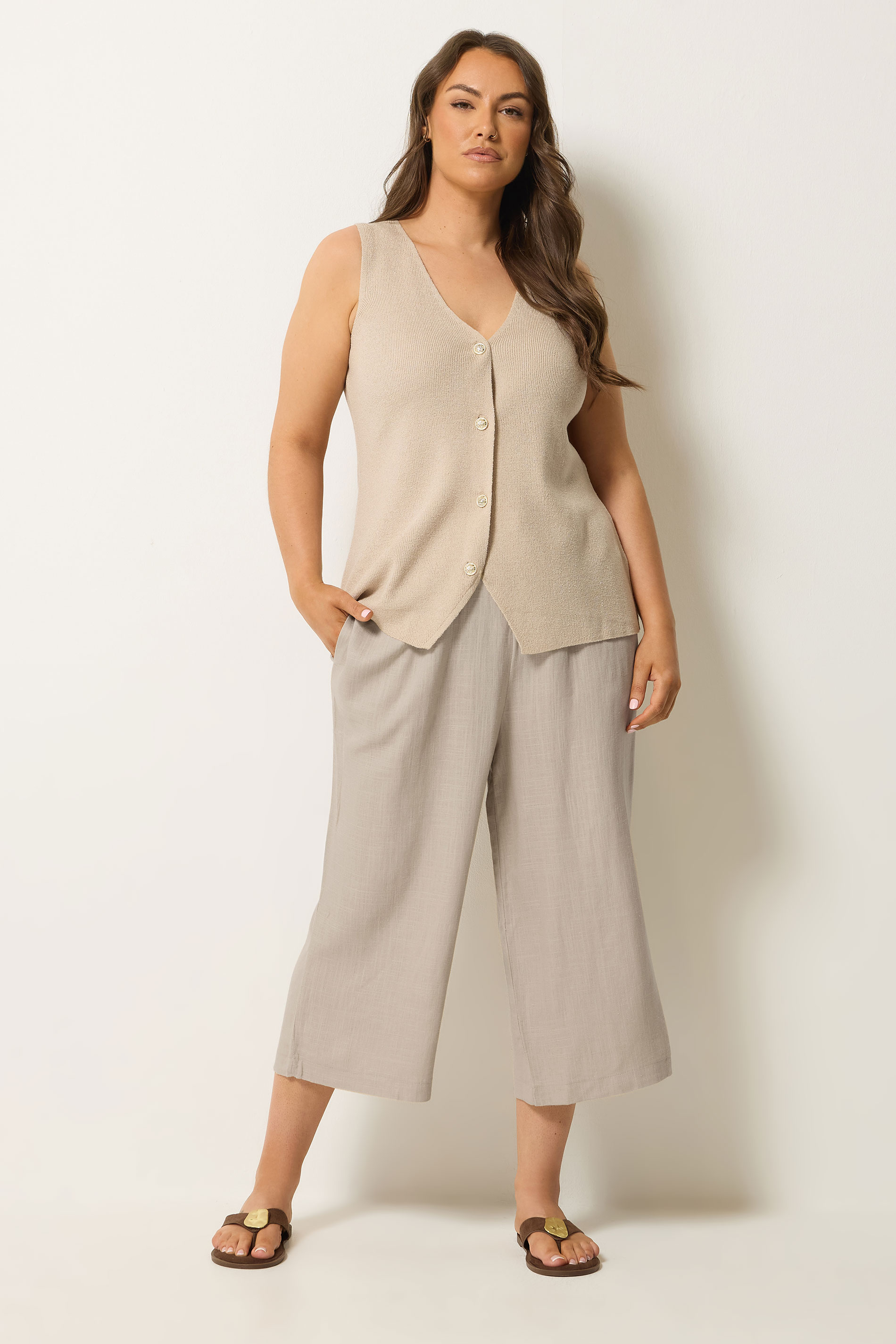 YOURS Plus Size Natural Brown Cropped Wide Leg Linen Trousers | Yours Clothing 2