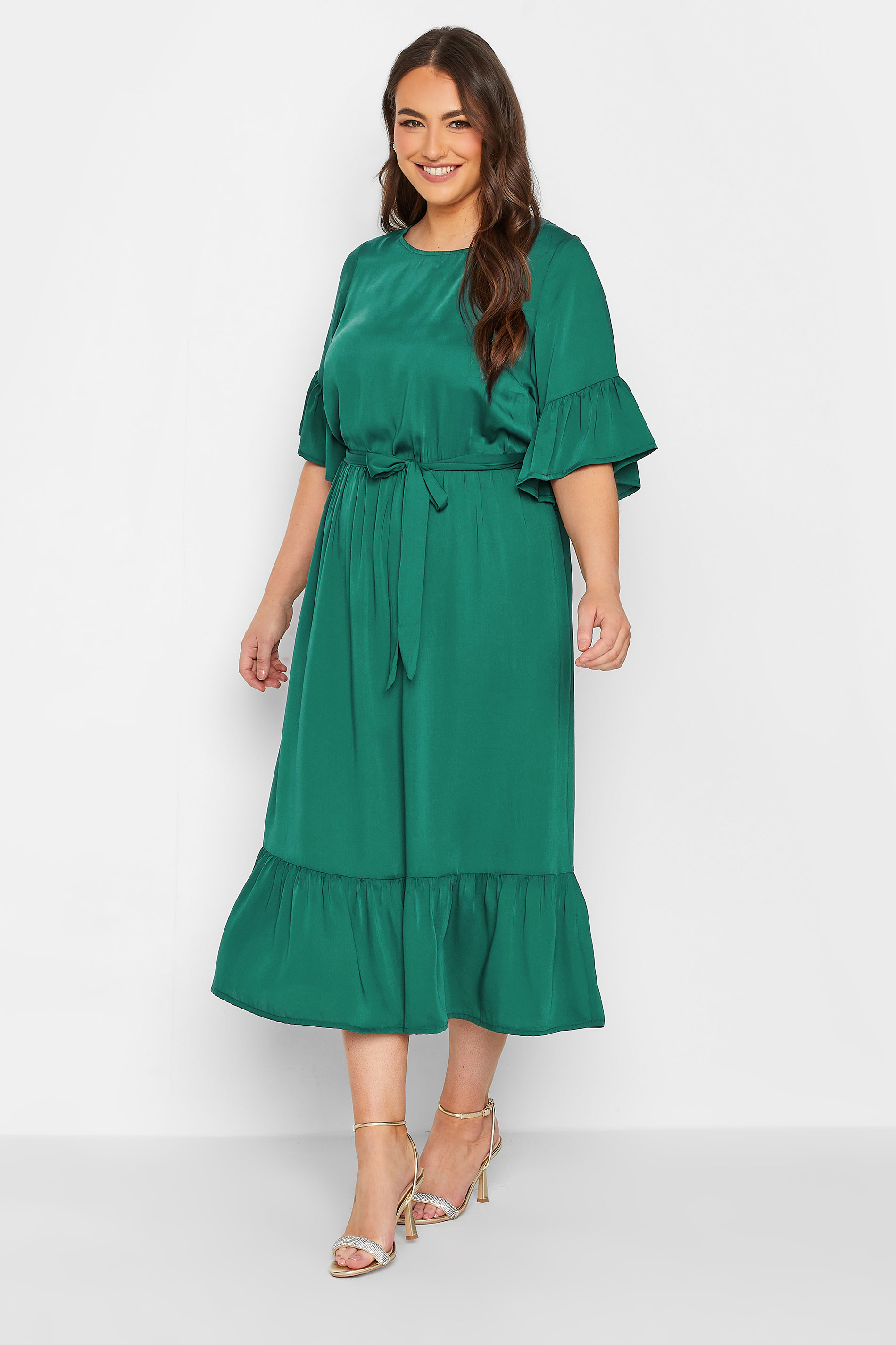 YOURS LONDON Plus Size Curve Green Satin Smock Dress | Yours Clothing 2