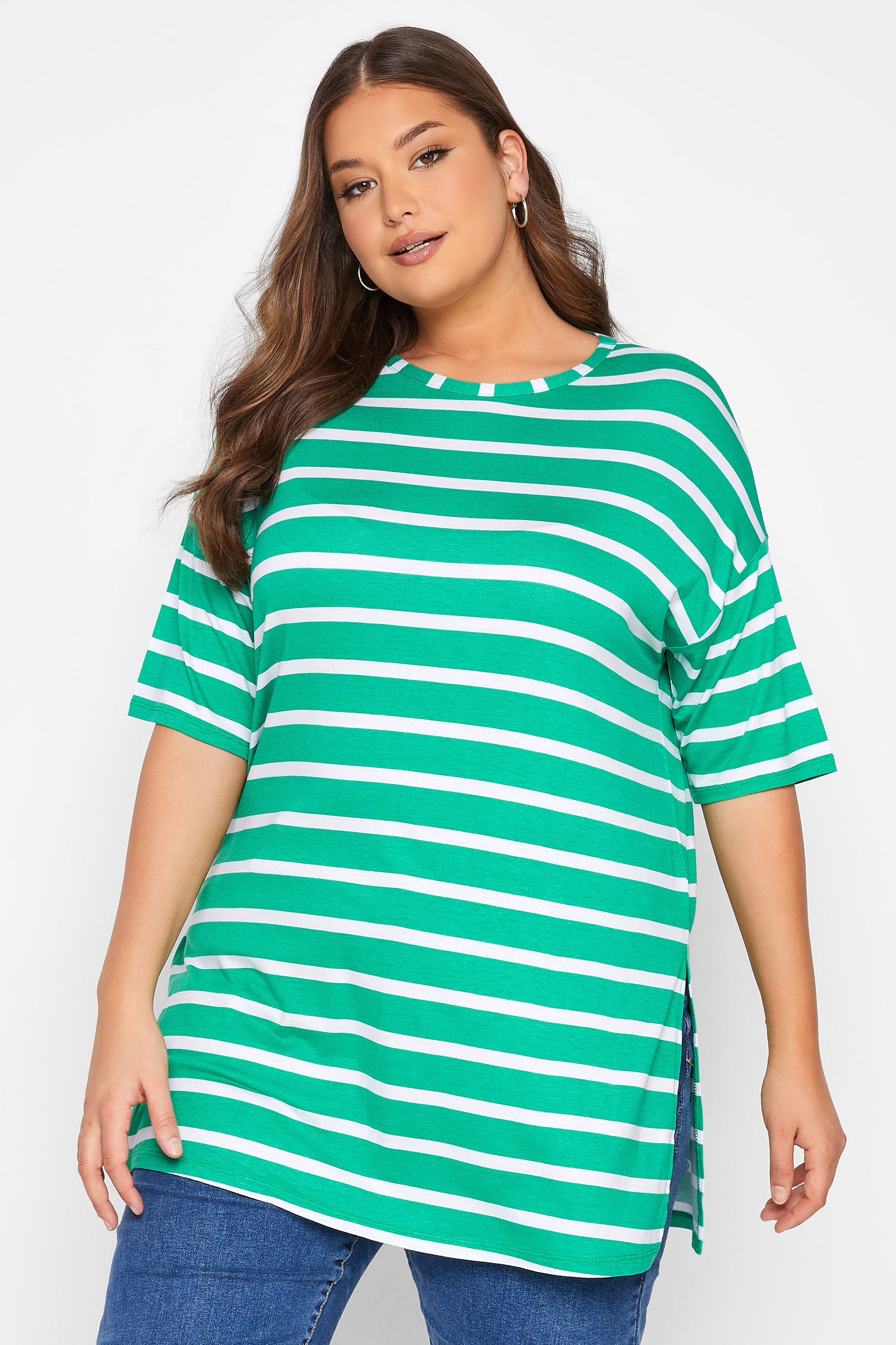 Grande taille  Tops Grande taille  Tops Casual | T-Shirt Oversize Vert & Blanc à Rayures - GH40753