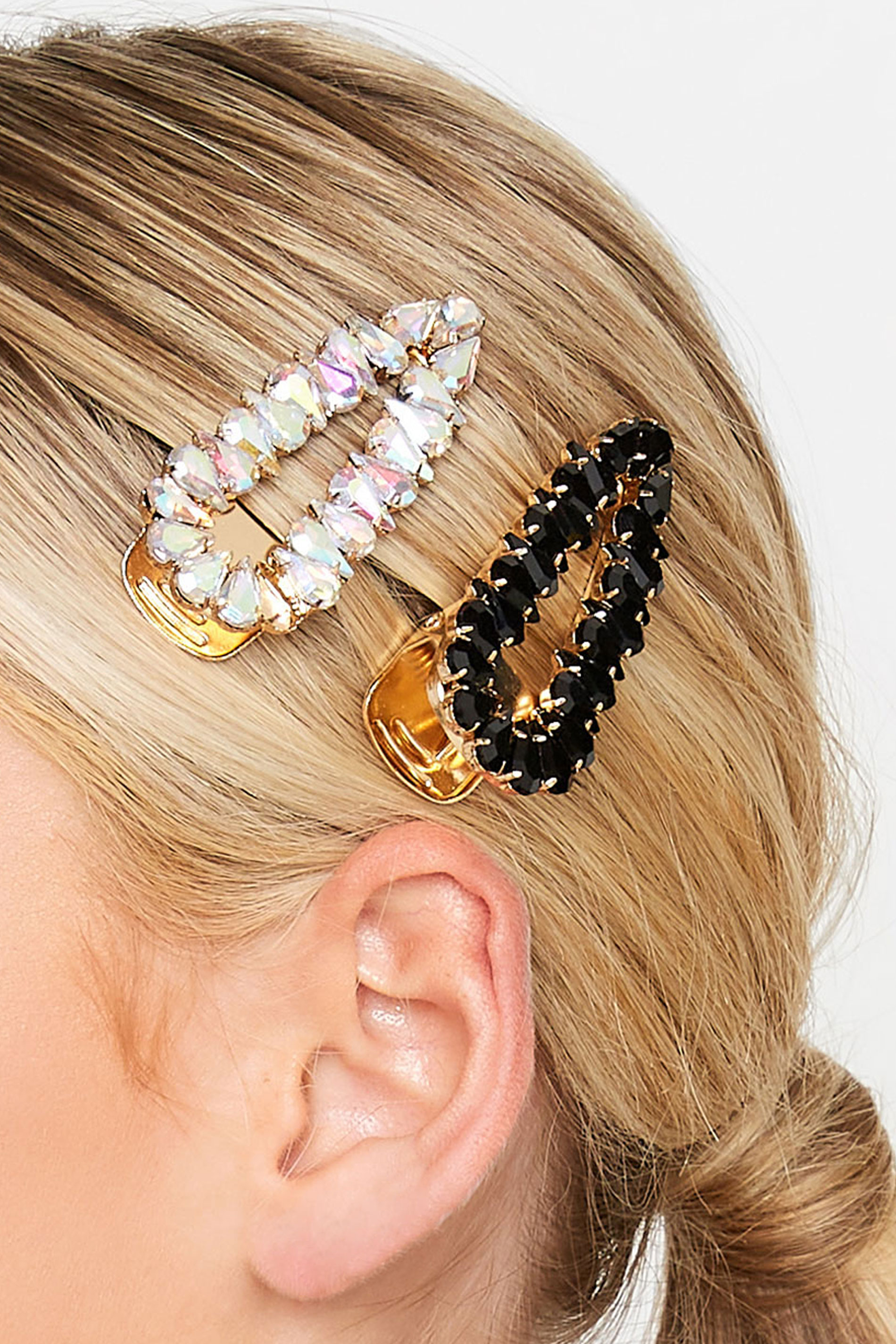 2 PACK Black & Silver Diamante Embellished Hair Clips | Yours Clothing 1