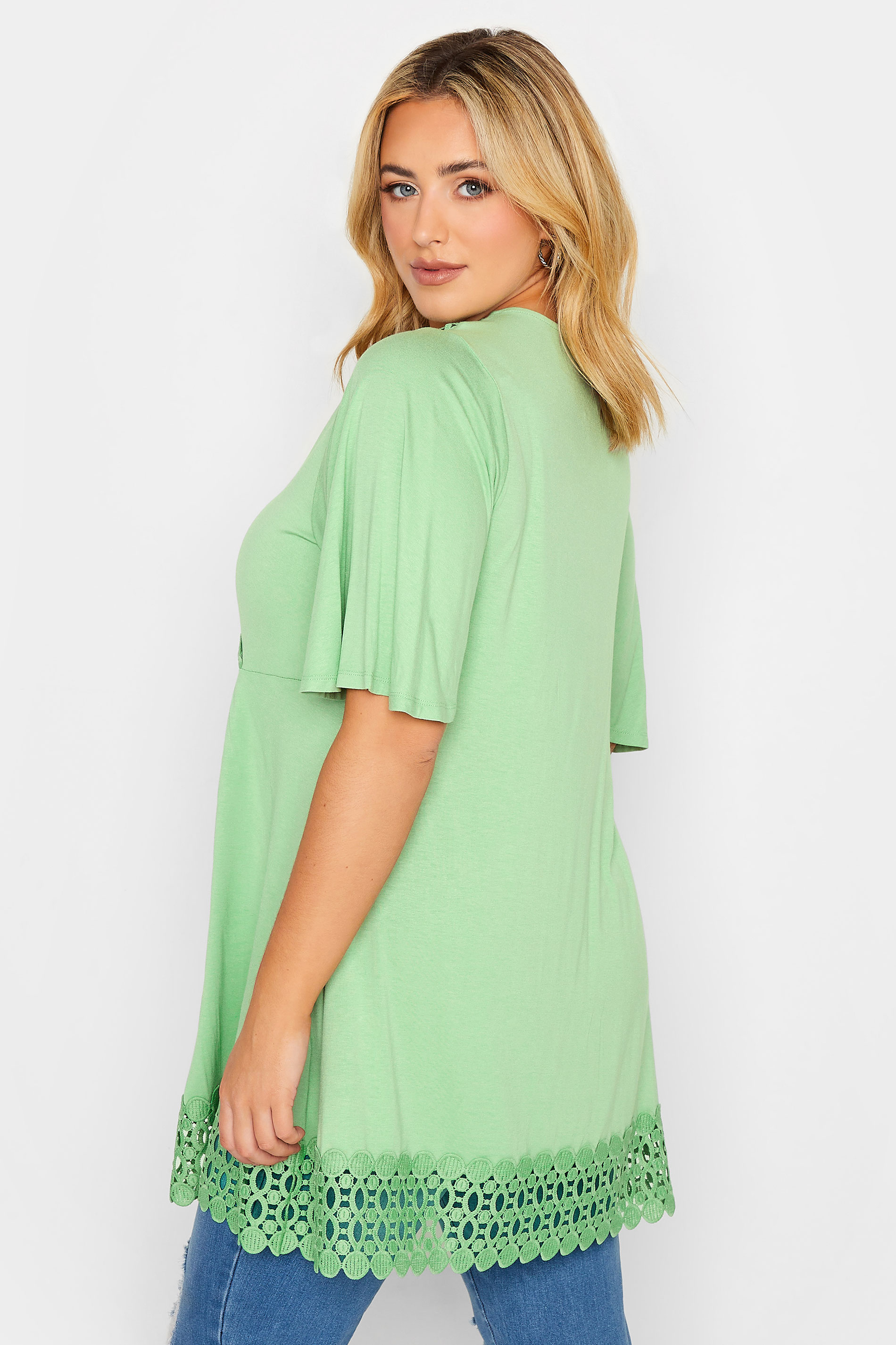 YOURS Plus Size Curve Green Crochet Detail Peplum Tunic Top | Yours Clothing  3