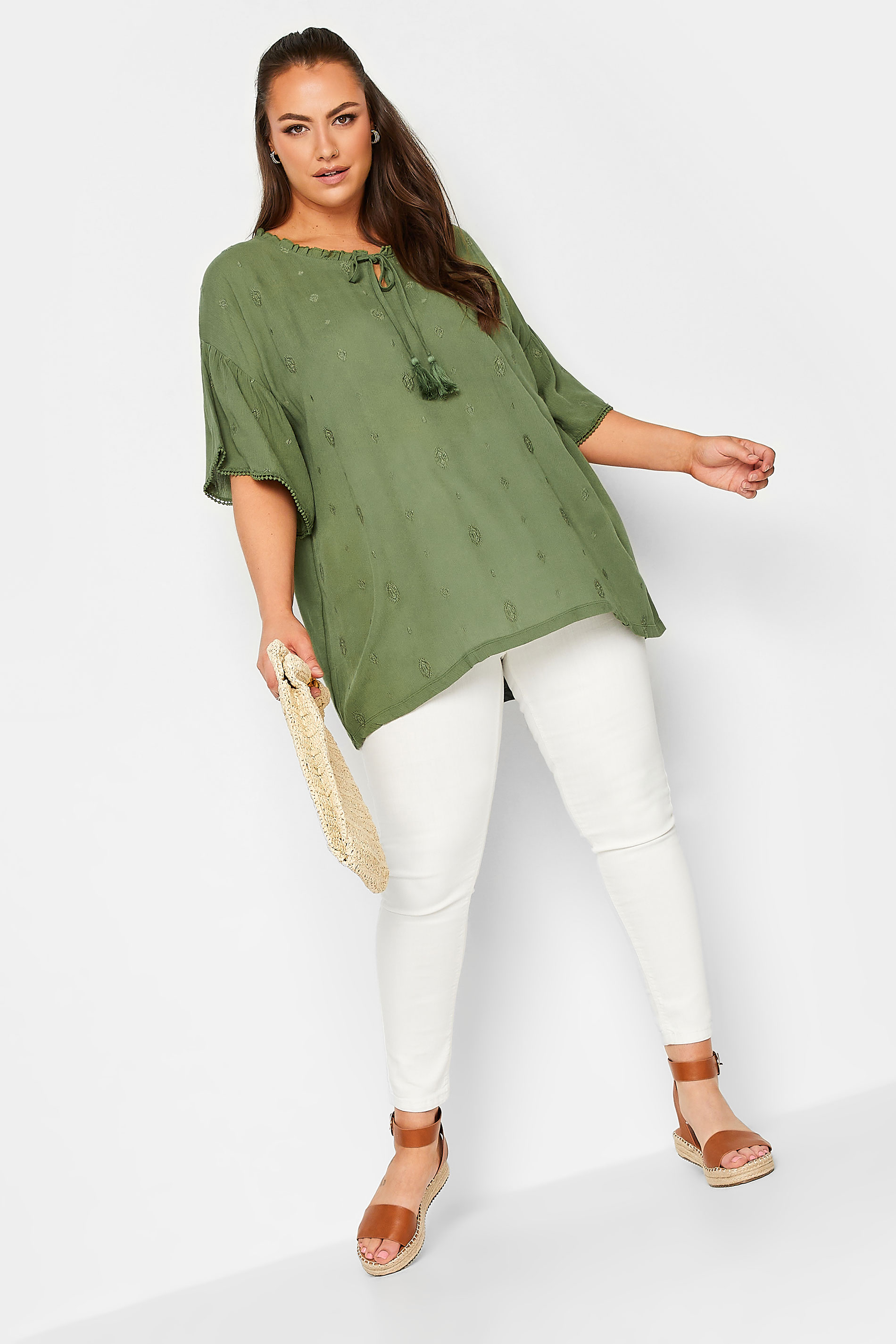 YOURS Curve Plus Size Khaki Green Tie Neck Embroidered Top | Yours Clothing  3