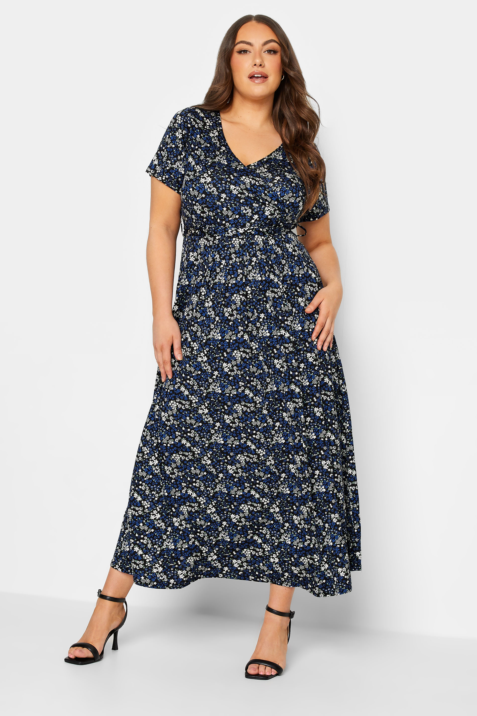 YOURS Plus Size Navy Blue Ditsy Print Wrap Front Tie Maxi Dress | Yours Clothing 1