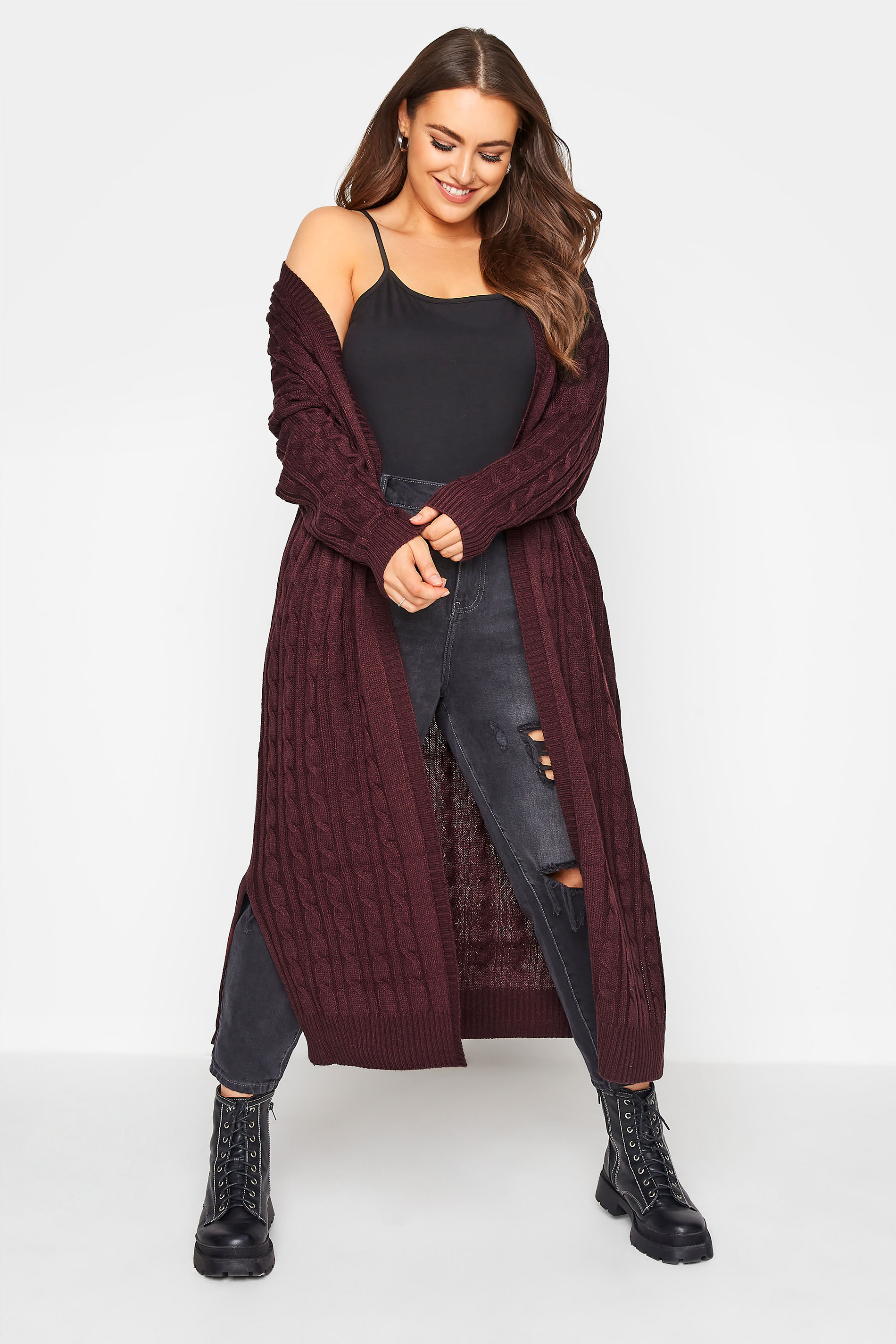 Curve Berry Red Cable Knitted Maxi Cardigan 1