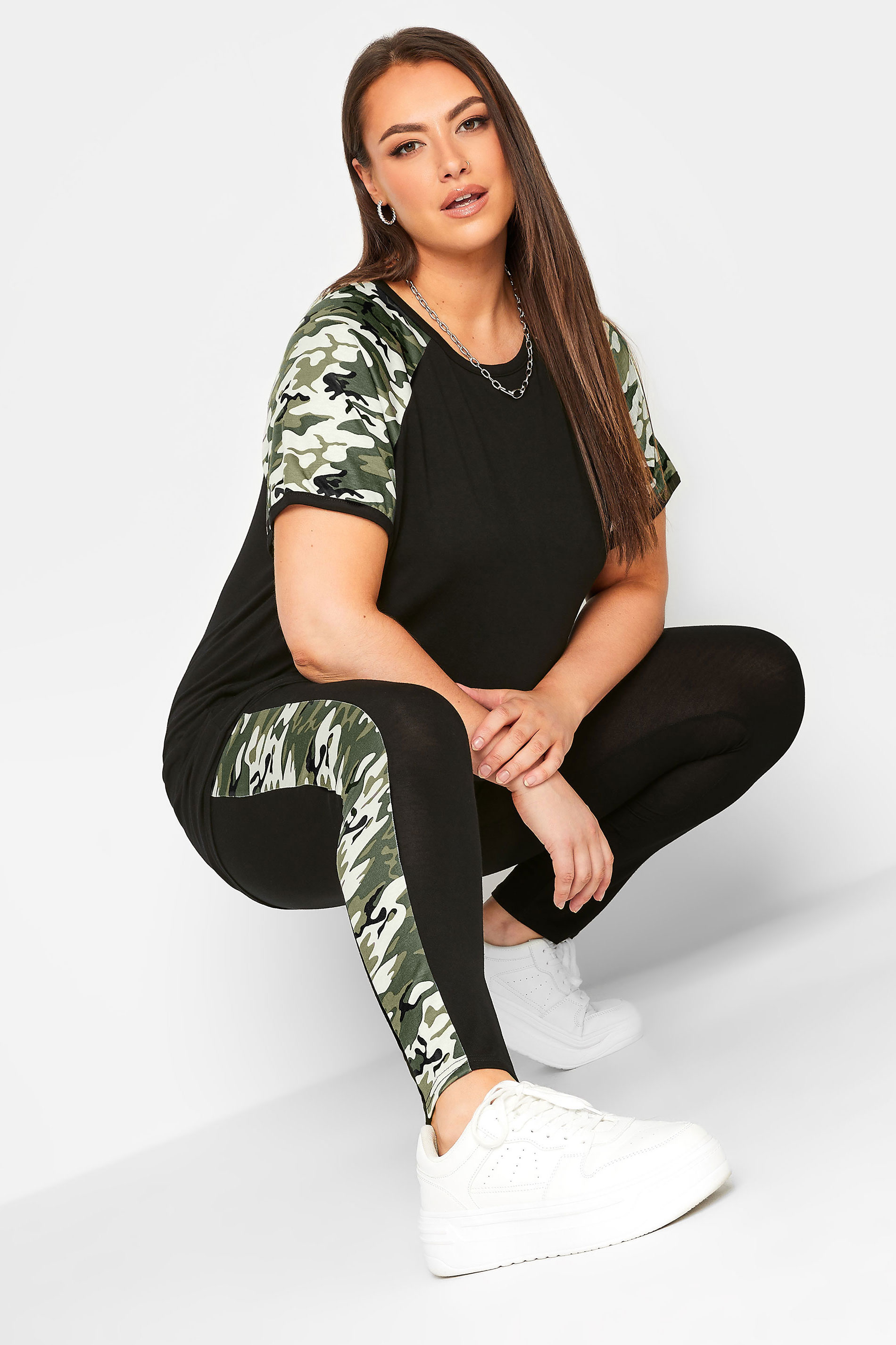 LIMITED COLLECTION Plus Size Black & Green Camo Side Panel Leggings 1
