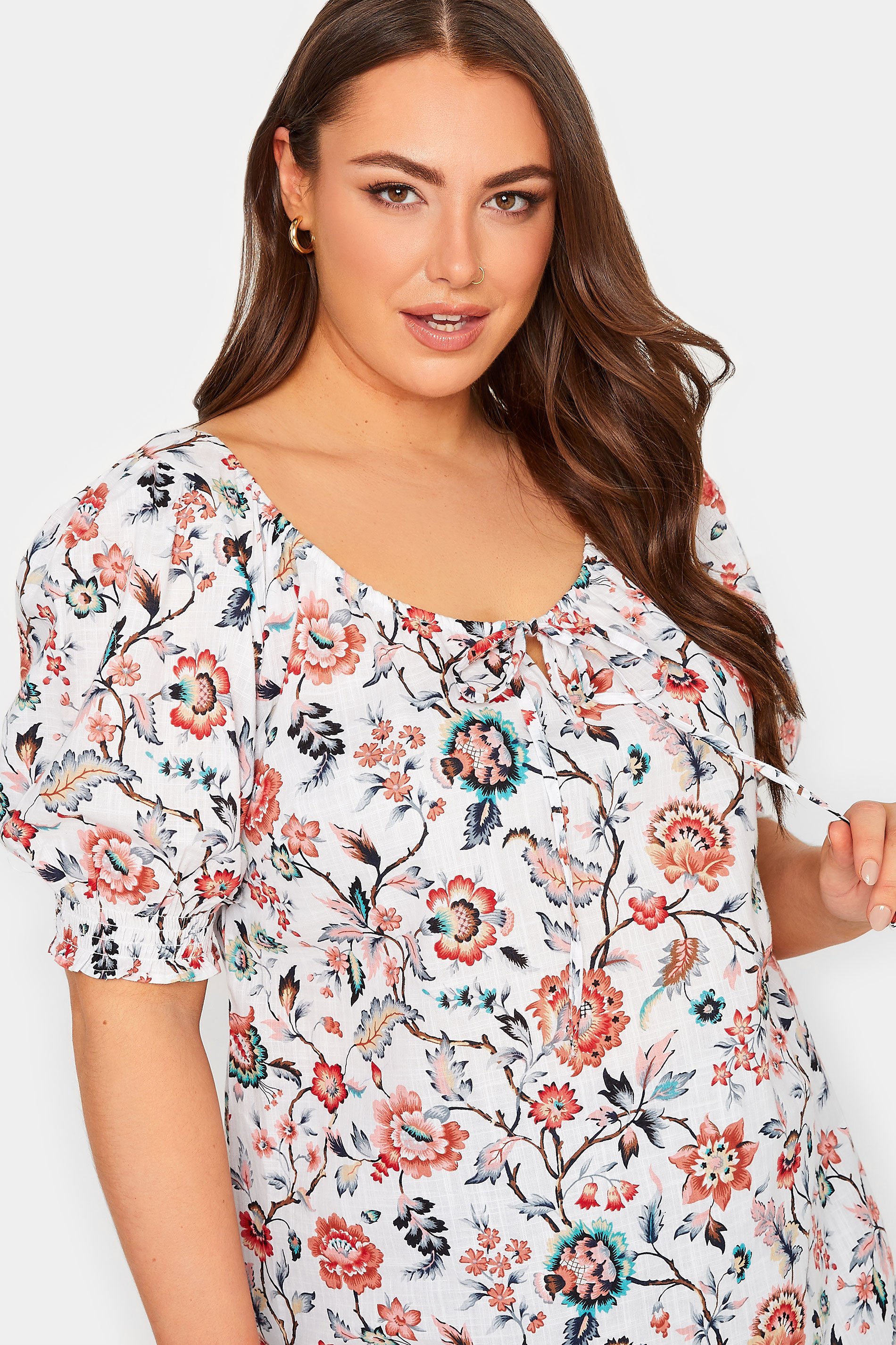 YOURS Plus Size White Floral Tie Neck Top | Yours Clothing