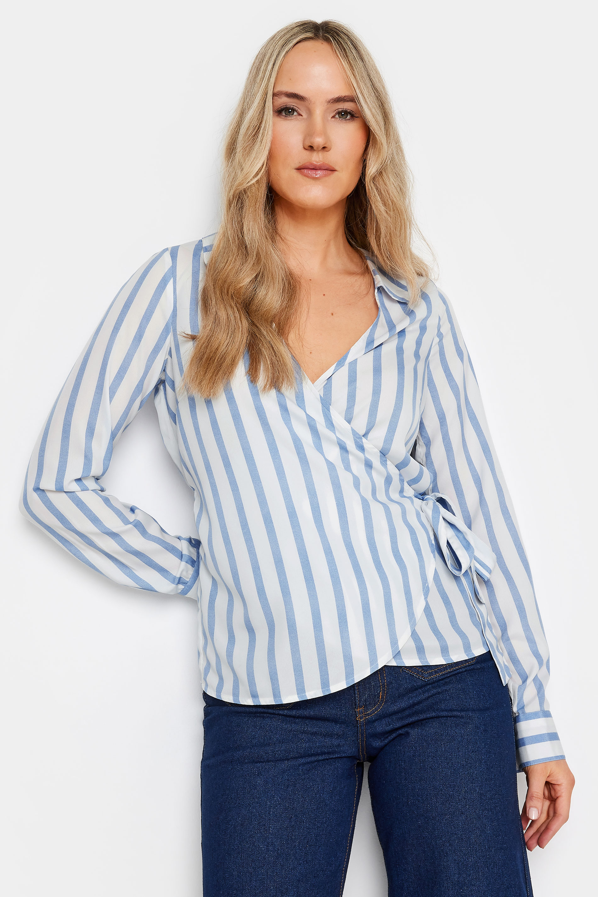 LTS Tall Womens Blue & White Stripe Collared Wrap Top | Long Tall Sally 2