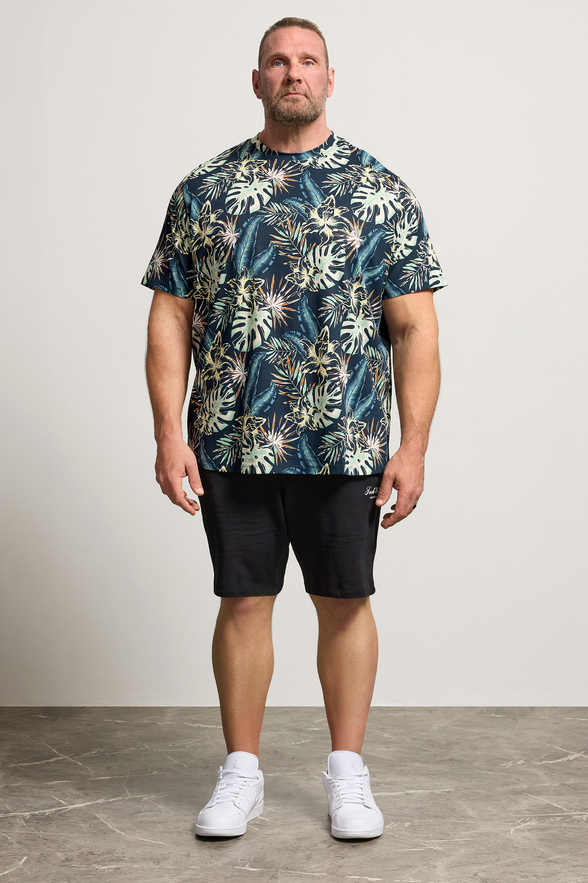 JACK & JONES Big & Tall Navy Blue Leaf Printed T-Shirt | BadRhino 1