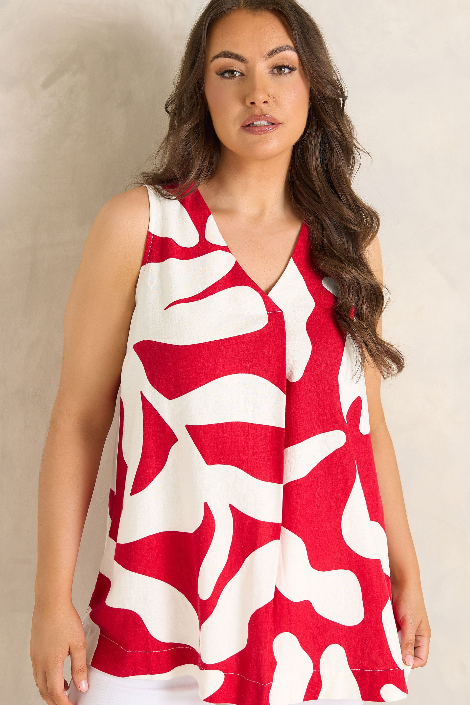 EVANS Plus Size Red Abstract Premium Linen Vest Top | Evans 1
