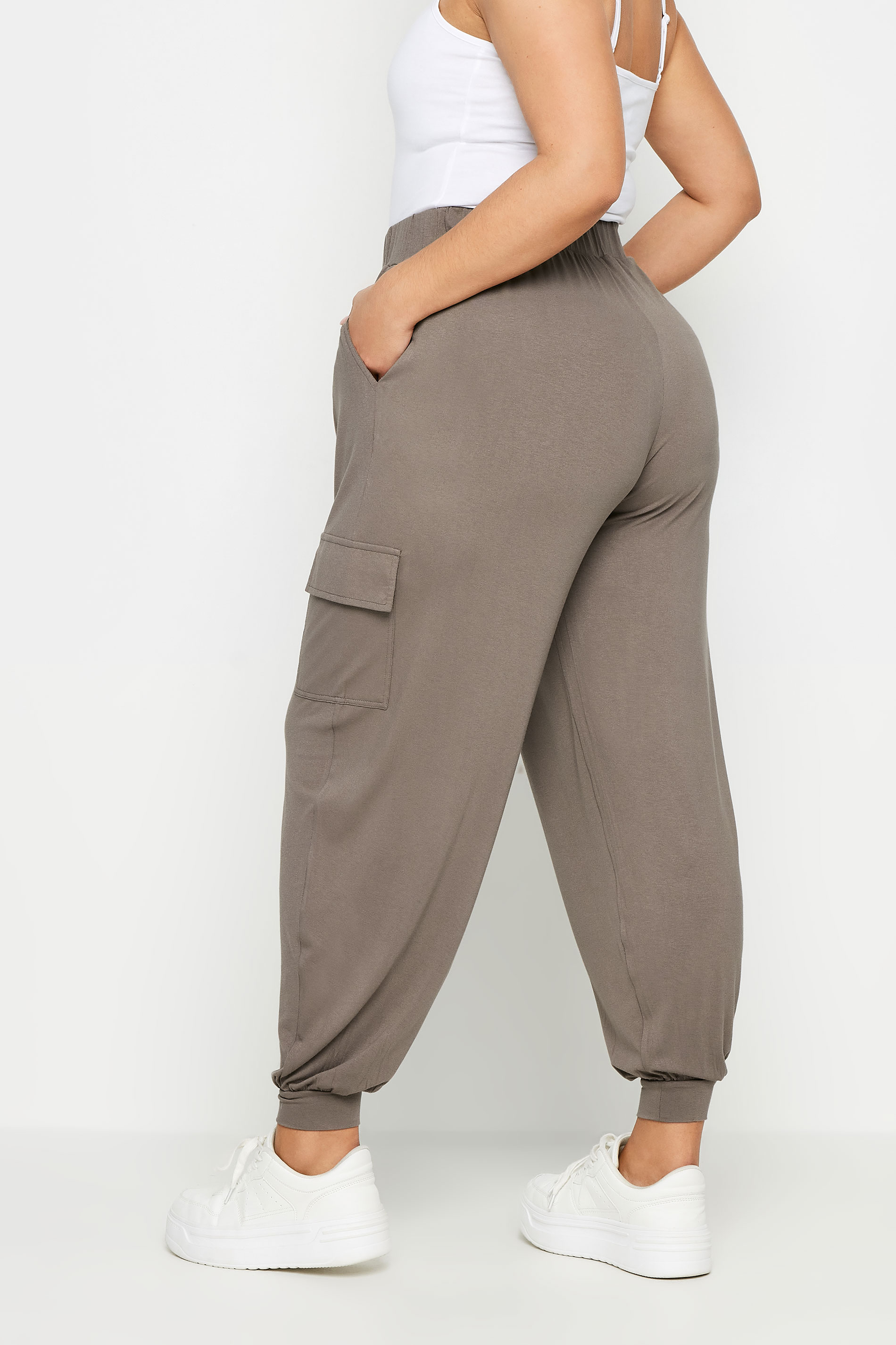YOURS Plus Size Brown Cargo Pocket Harem Joggers | Yours Clothing 3