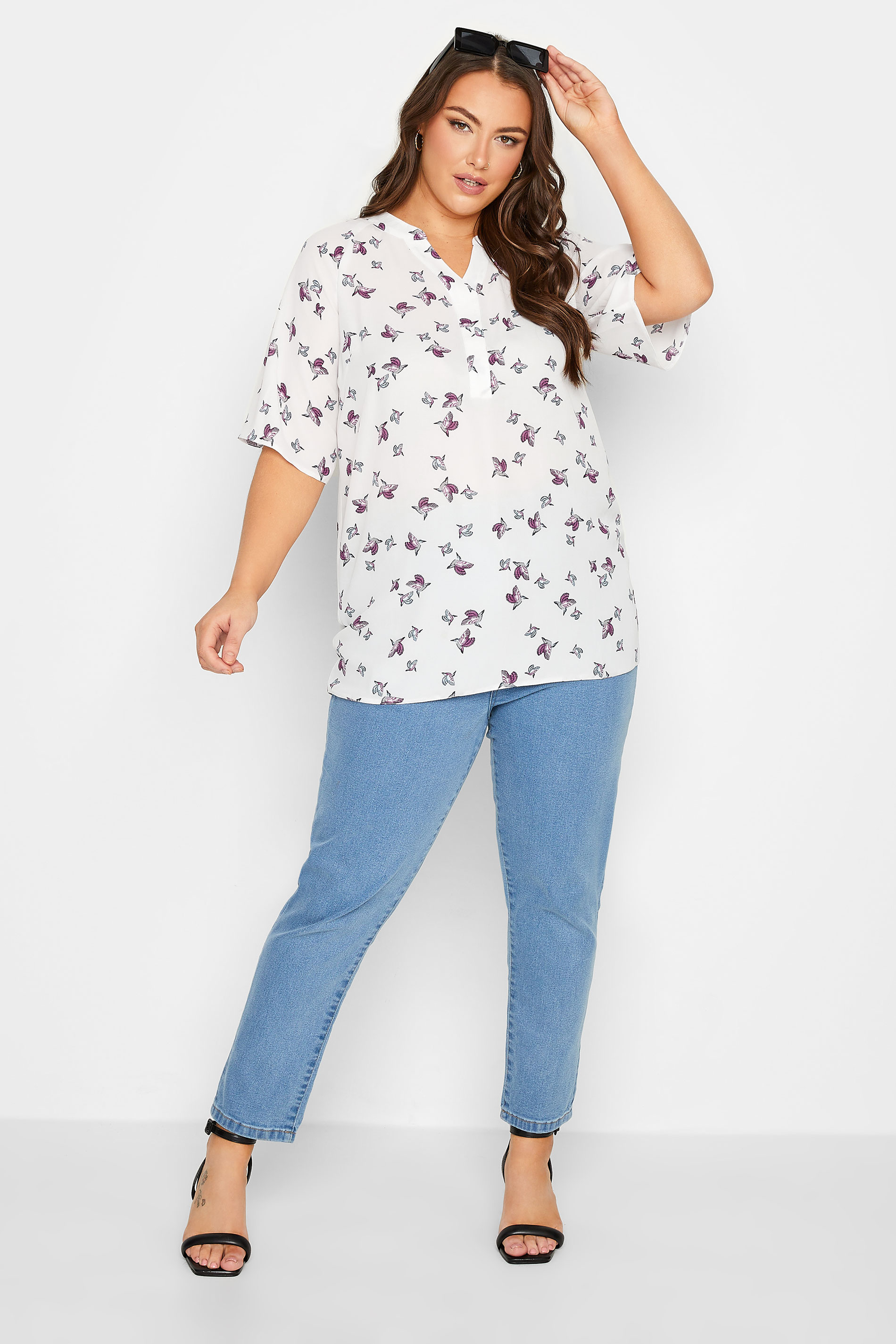 YOURS Plus Size White Bird Print V-Neck Blouse | Yours Clothing 2