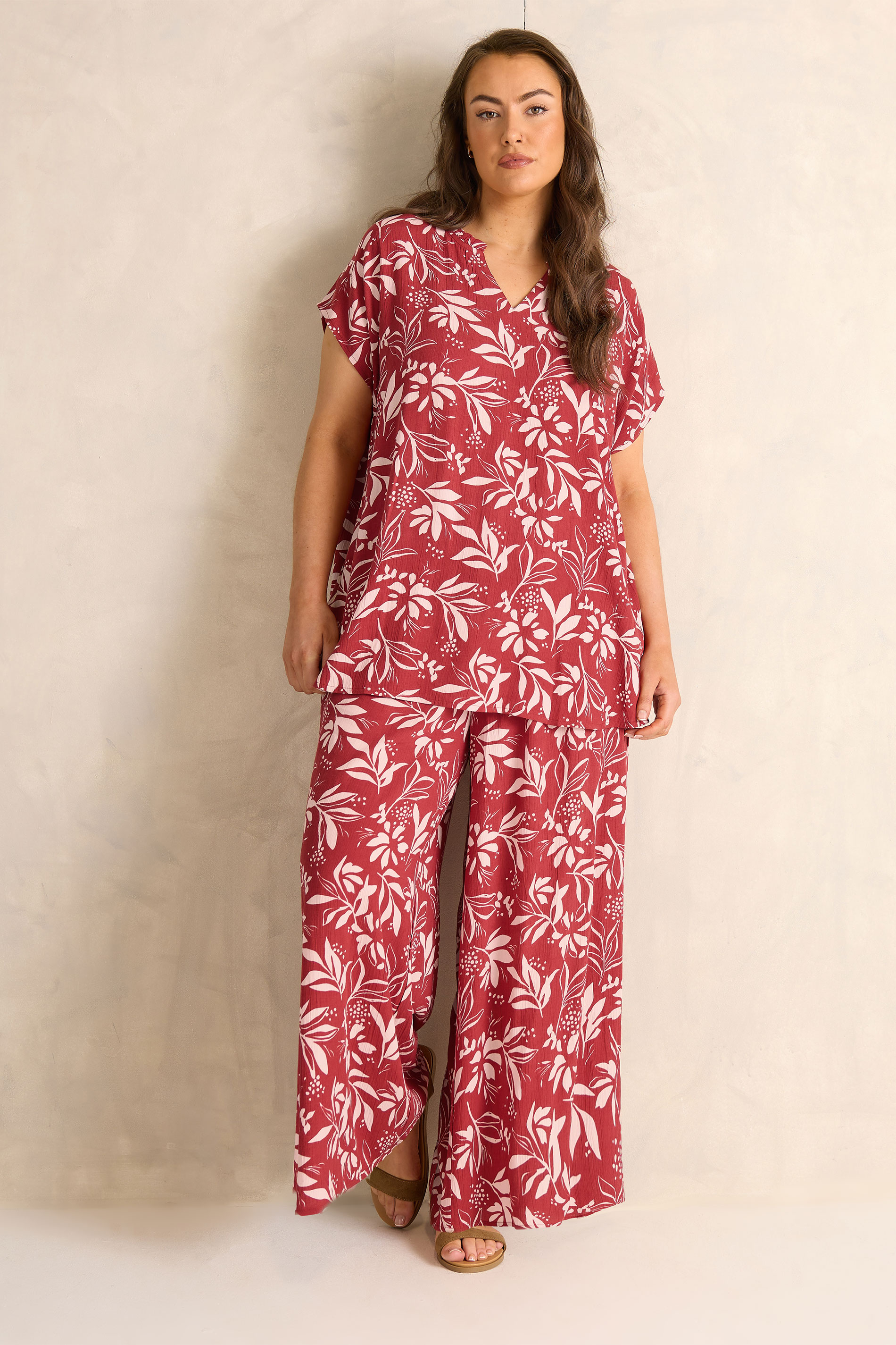 EVANS Plus Size Orange Leaf Print Shirred Waist Trousers | Evans 2