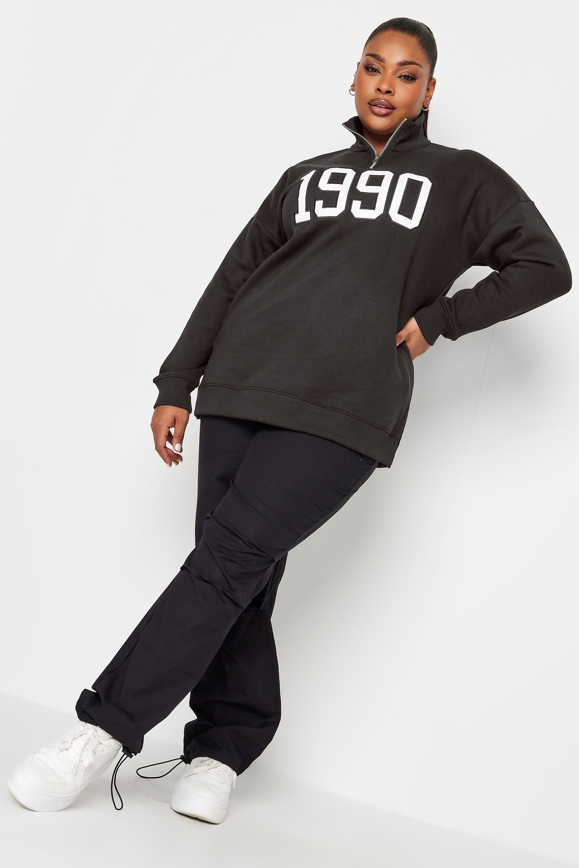 YOURS Plus Size Black '1990' Quarter Zip Sweatshirt | Yours Clothing 2