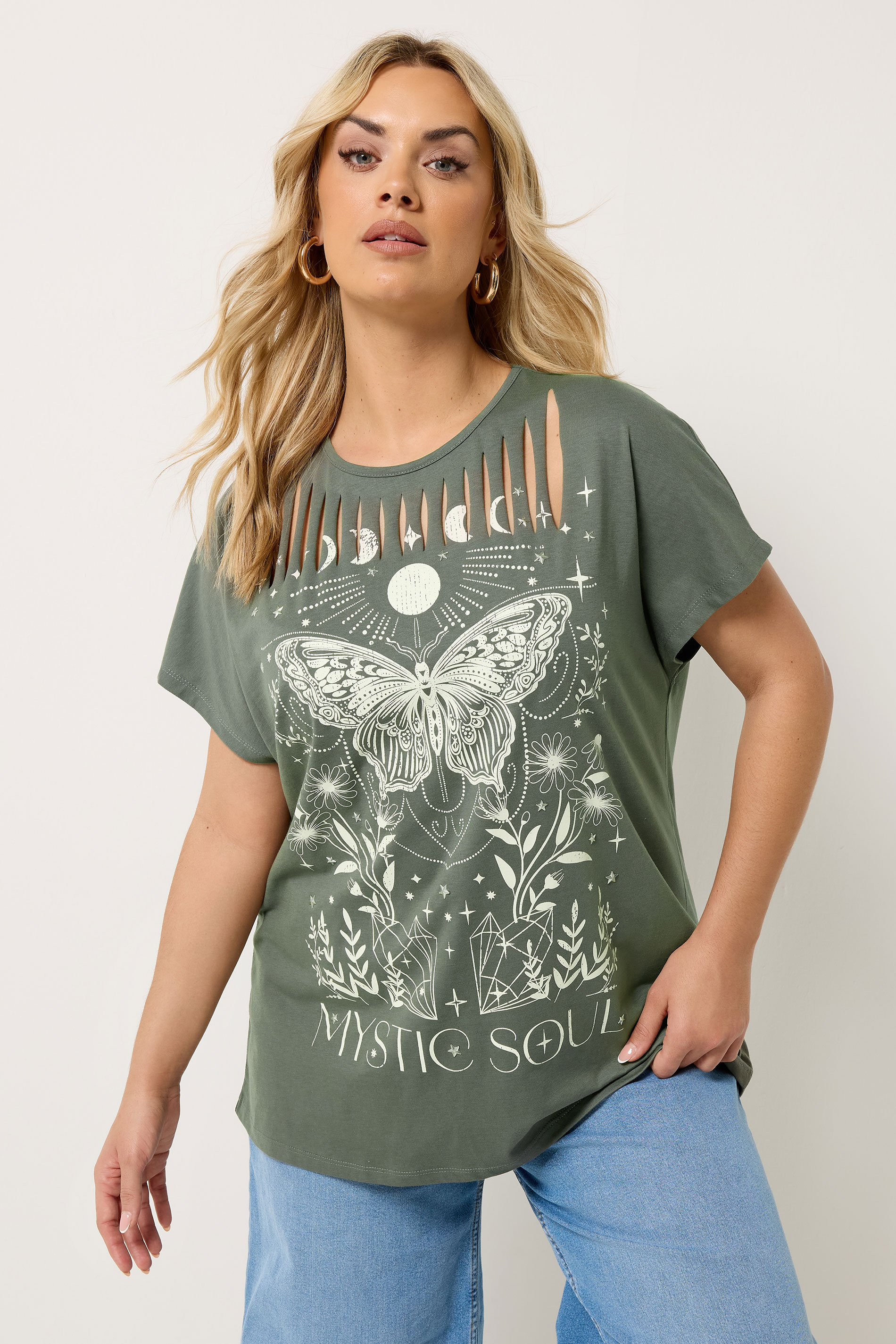 YOURS Plus Size Khaki Green  'Mystic Soul' Laser Cut Slogan T-Shirt | Yours Clothing 1