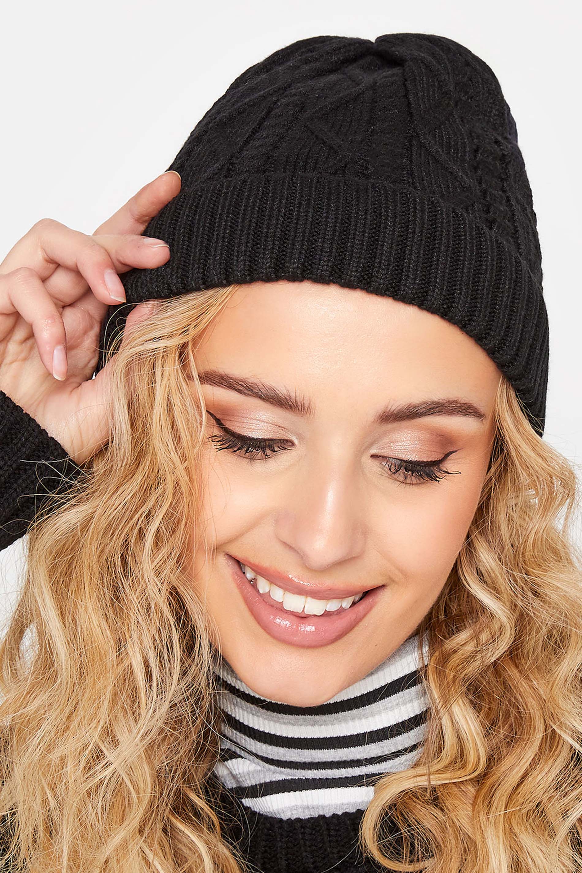 Plus Size Black Cable Knitted Beanie Hat | Yours Clothing 1