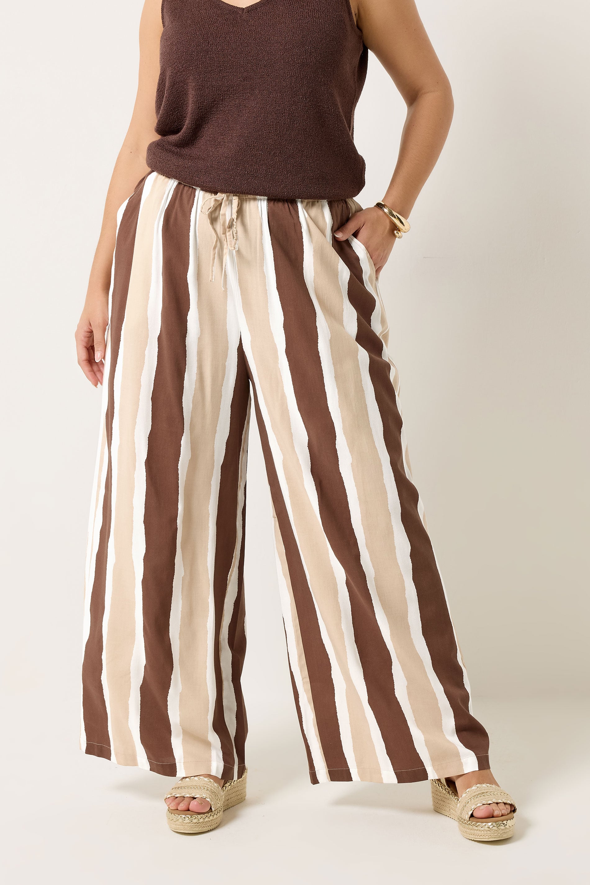 YOURS Plus Size Brown Striped Wide Leg Trousers | Yours Clothing 3