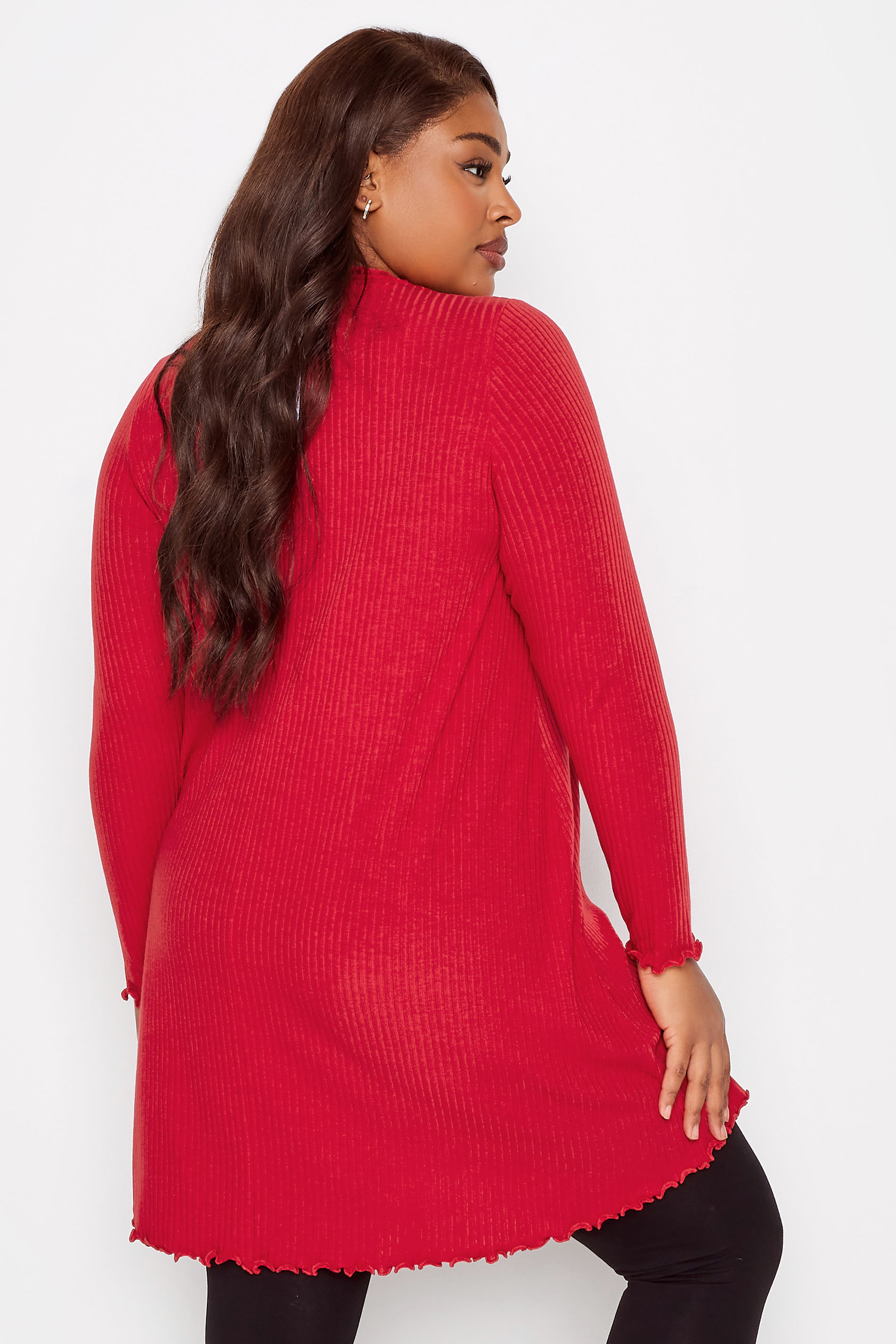 YOURS Curve Plus Size Red Ribbed Lettuce Hem Tunic Dress | Yours Clothing  3