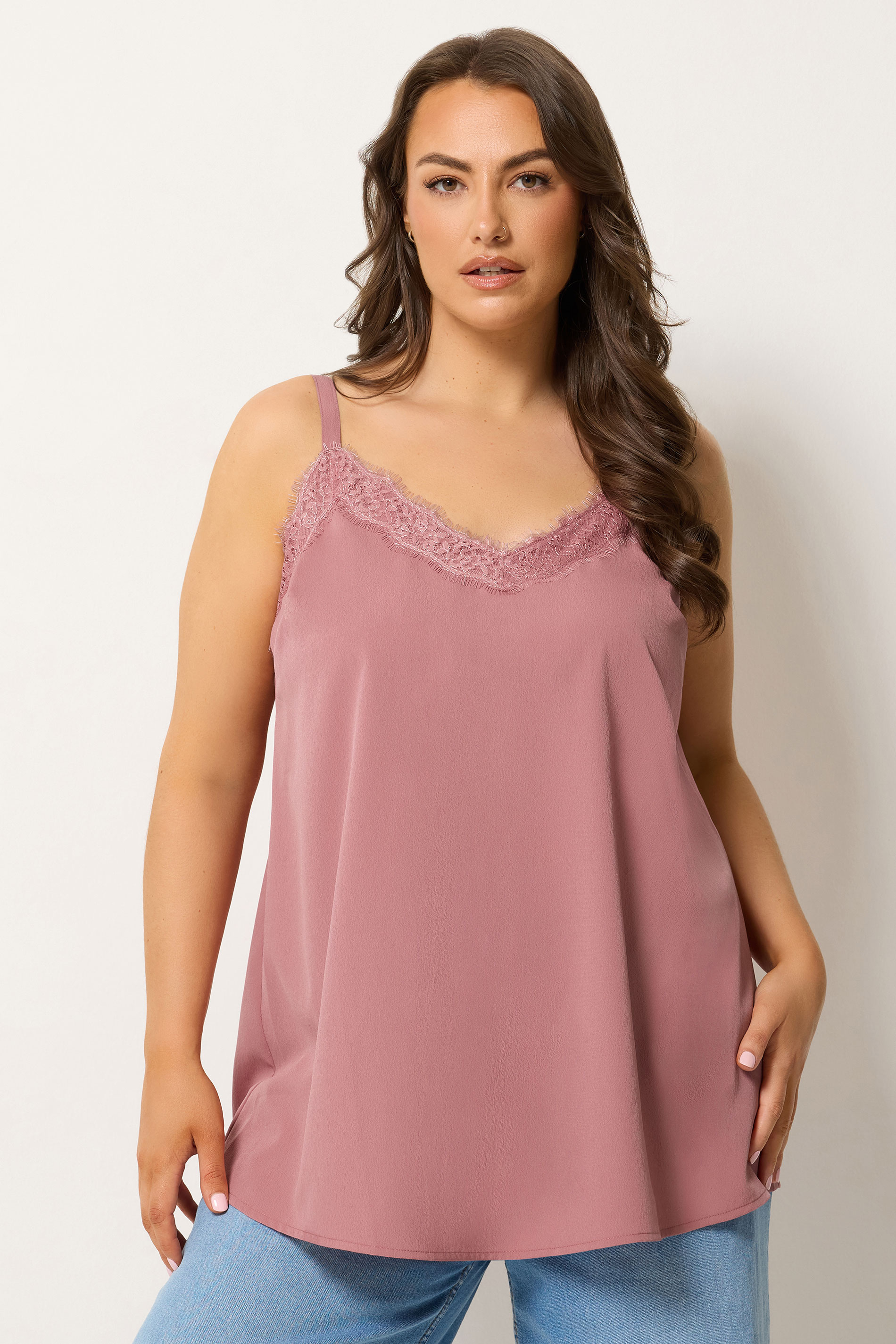 YOURS Plus Size Pink Lace Insert Vest Top | Yours Clothing 3