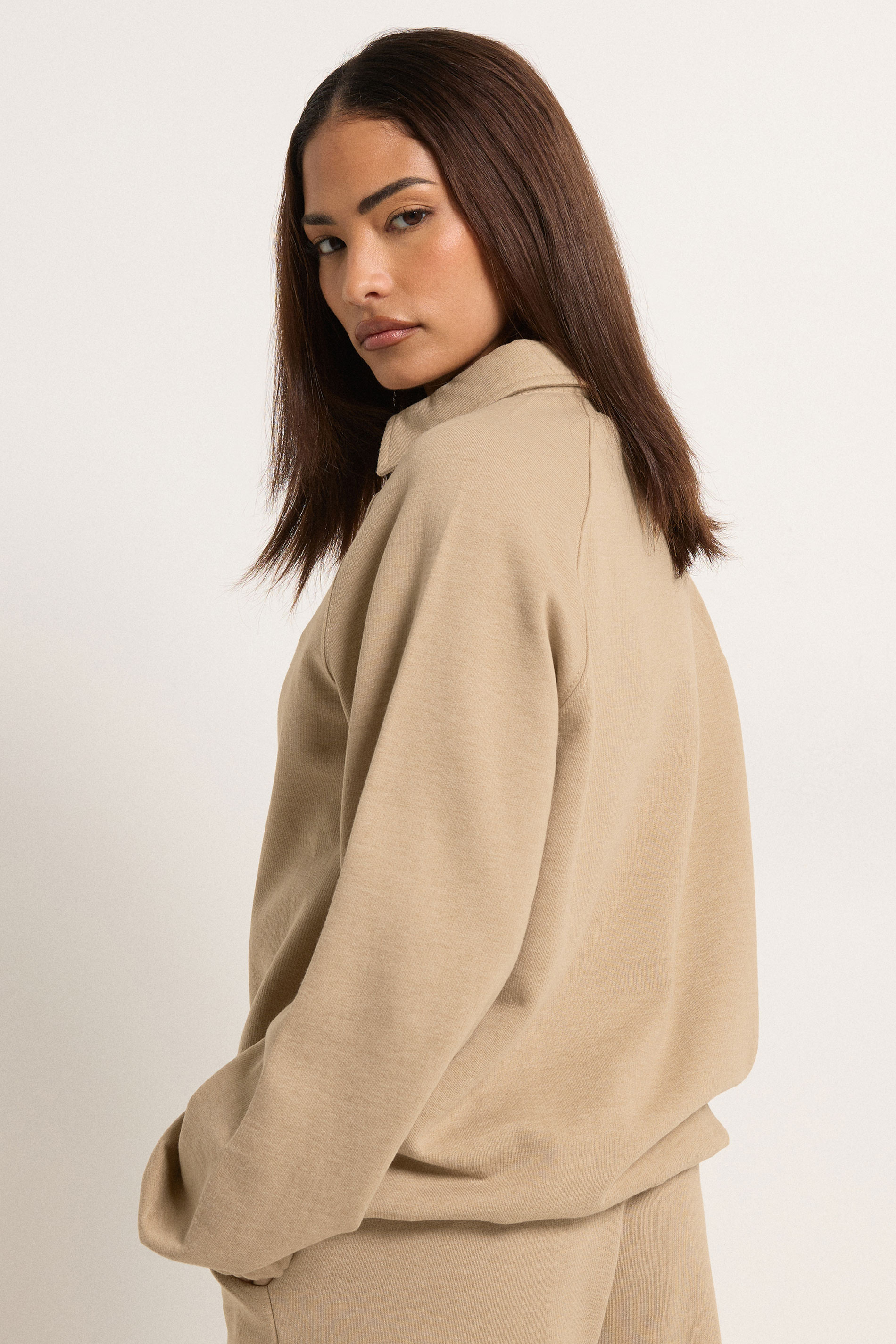 PixieGirl Petite Women's Natural Brown Button Collar Sweatshirt | PixieGirl 2