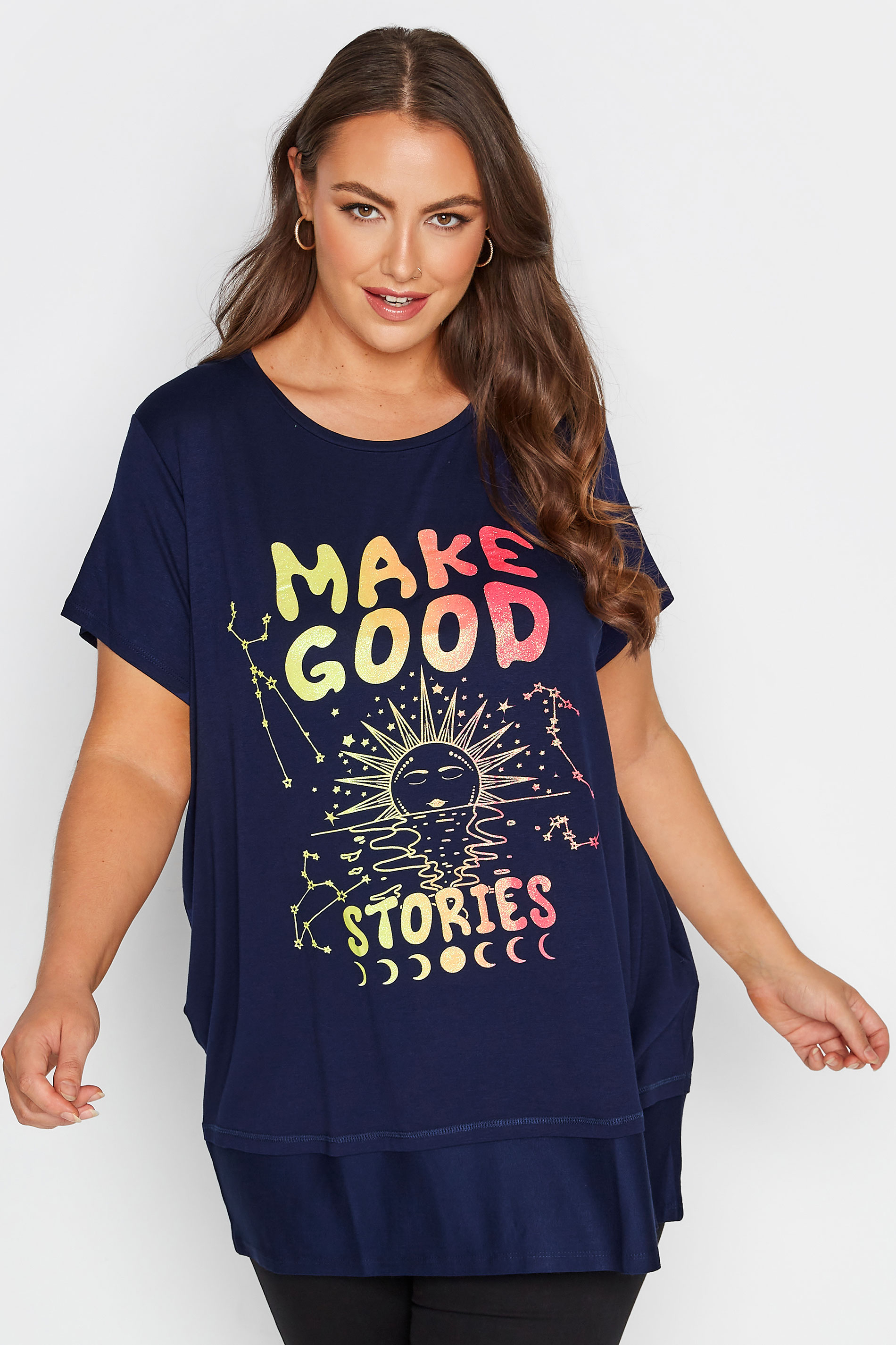 Plus Size Navy Blue 'Make Good Stories' Slogan T-Shirt | Yours Clothing  1
