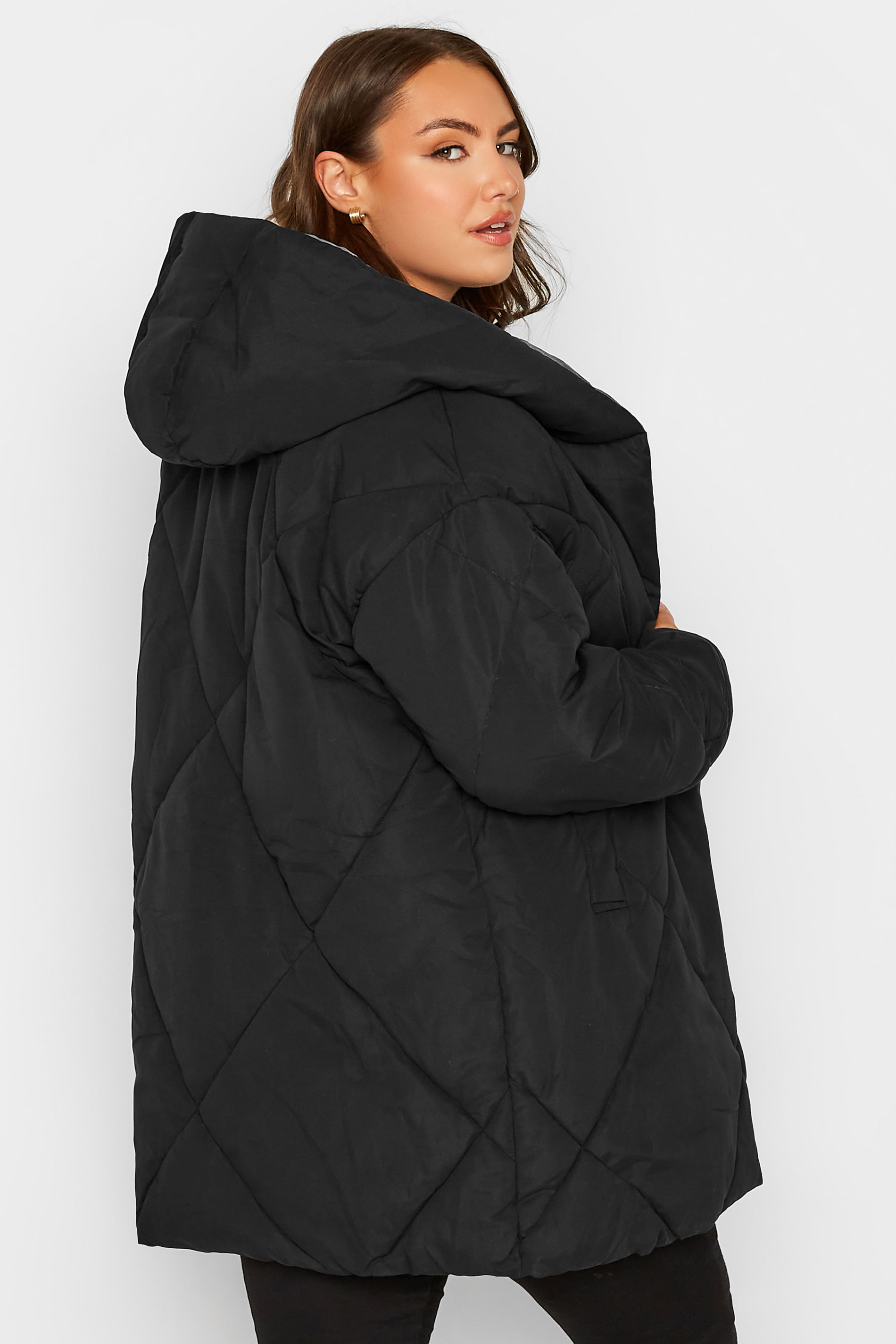 Plus Size Black Quilted Shawl Collar Coat | Yours Clothing 3