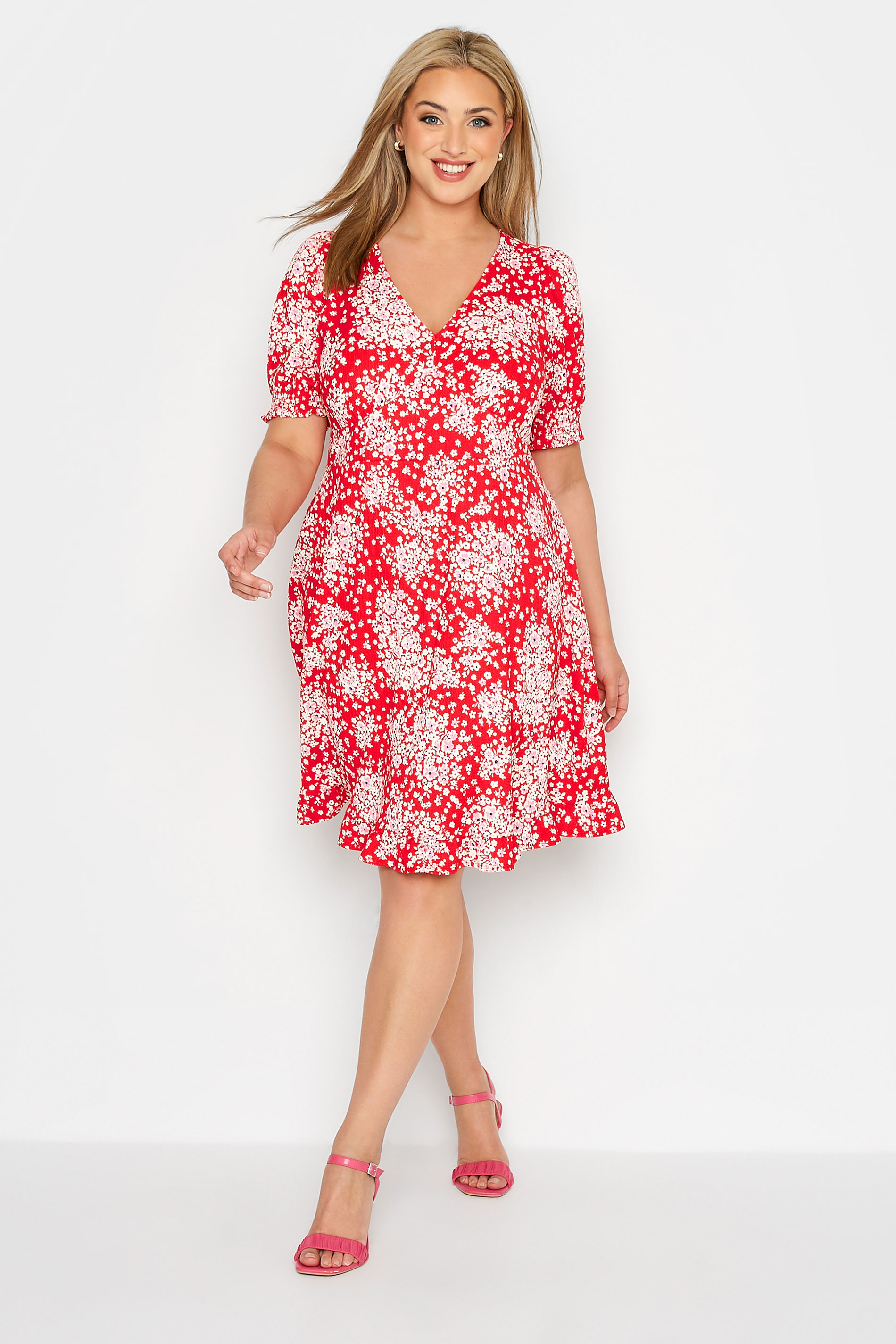 Robes Grande Taille Grande taille  Robes de jour, Tea Dress | YOURS LONDON - Tea Dress Rouge Design Floral Volantée - KM99285