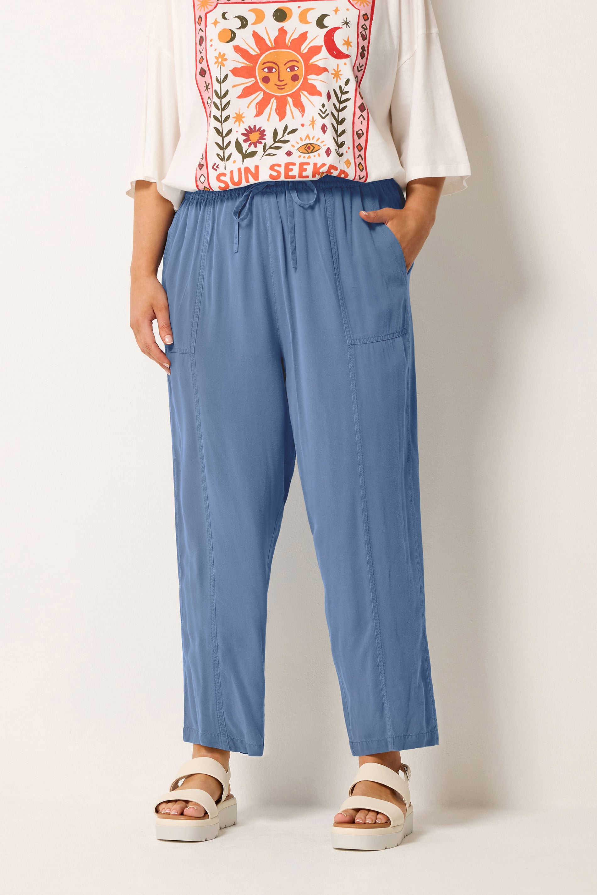YOURS Plus Size Blue Chambray Barrel Trousers | Yours Clothing 3