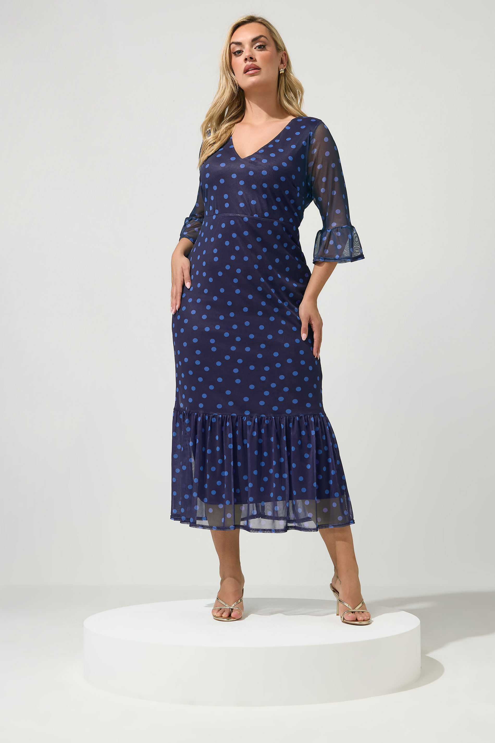 YOURS LONDON Plus Size Navy Blue Polka Dot Mesh Tiered Dress | Yours Clothing 1
