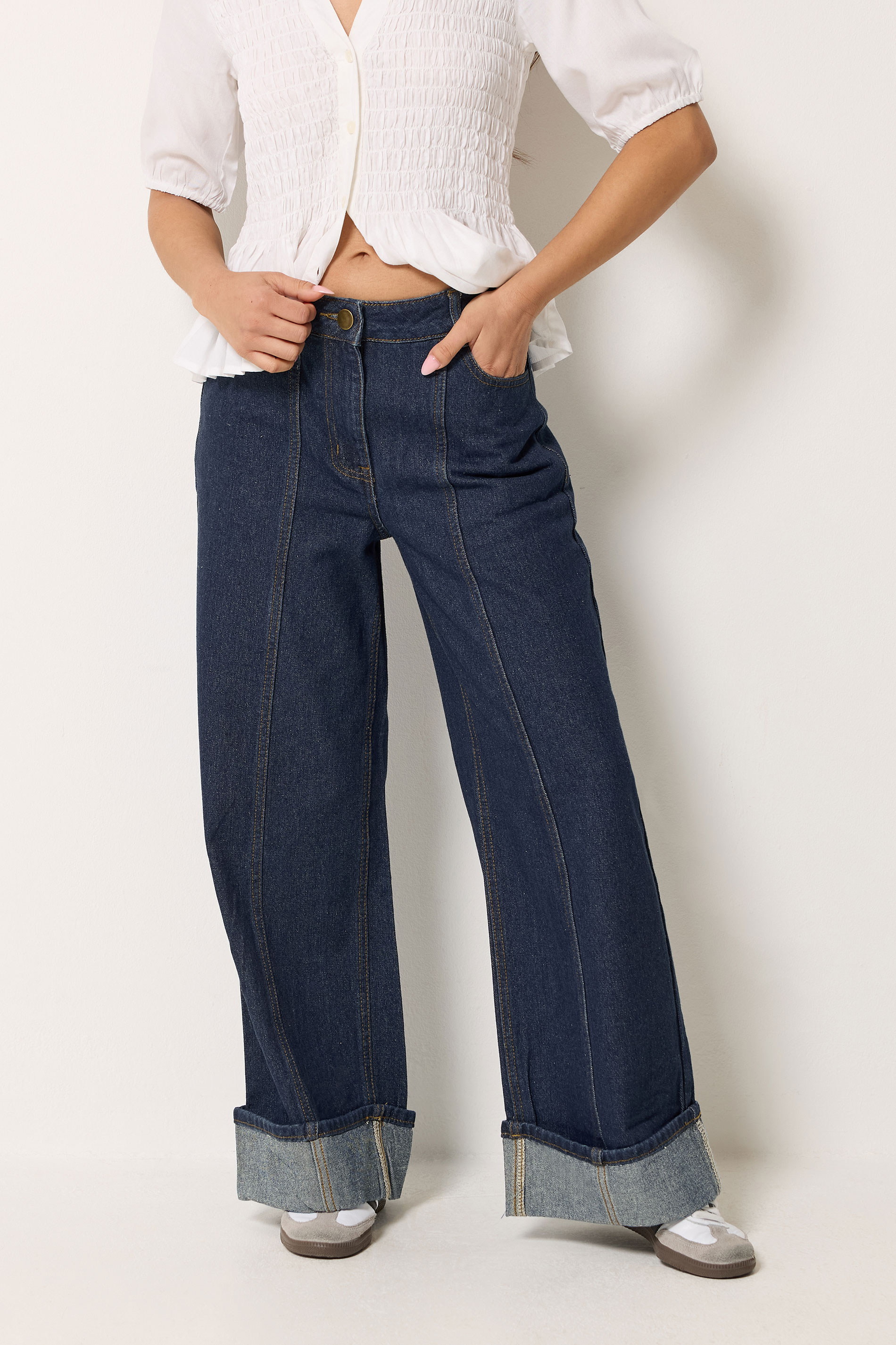 PixieGirl Petite Women's Dark Blue Seam Front Turn Up Denim Jeans | PixieGirl 1