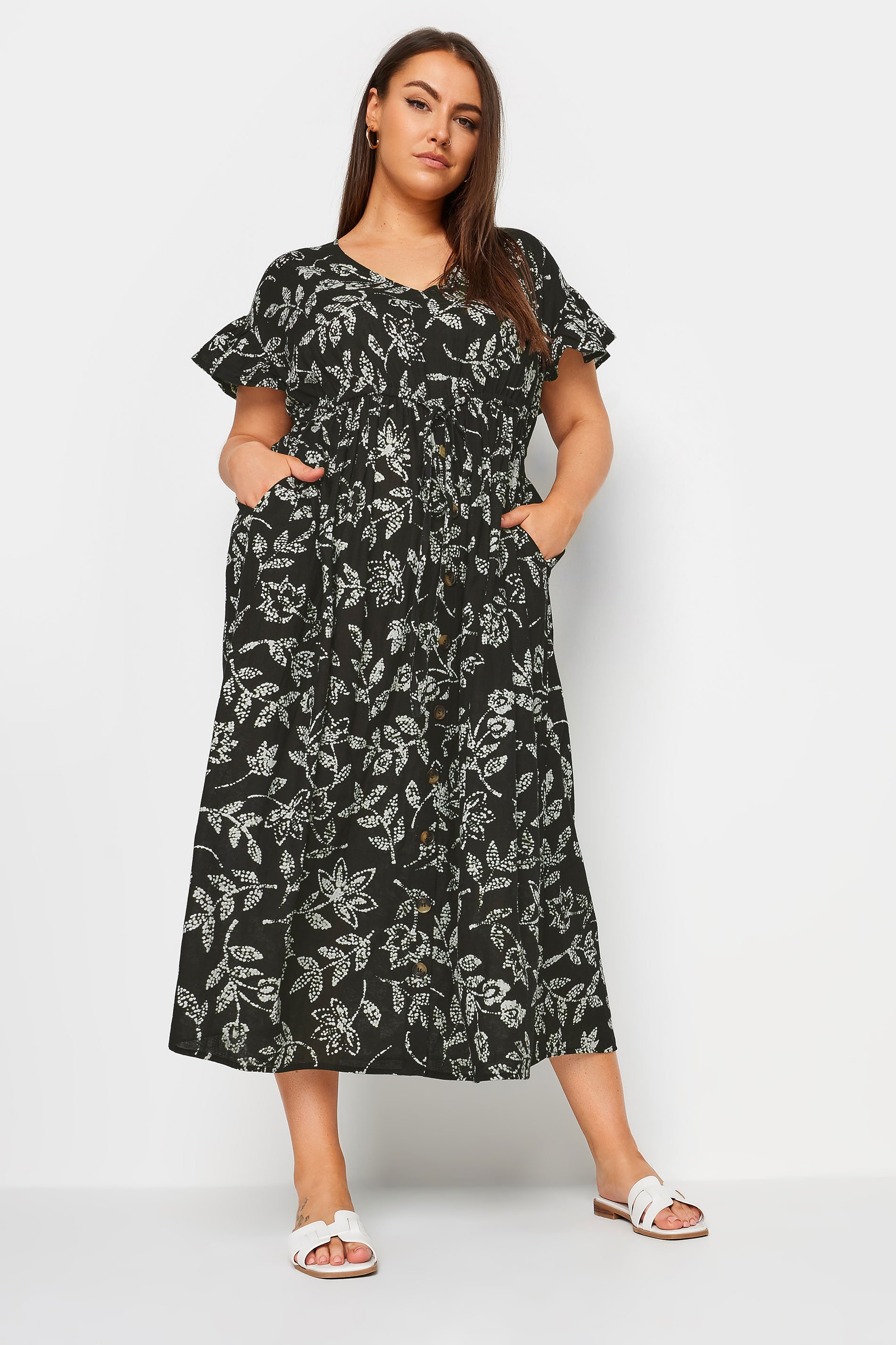 YOURS Plus Size Black Dotted Leaf Print Linen Maxi Dress | Yours Clothing