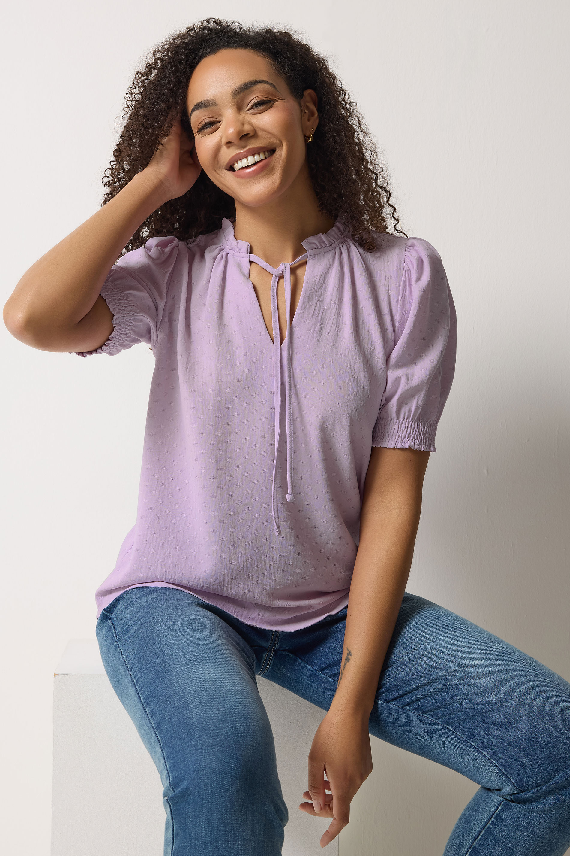 M&Co Purple Pastel Tie Neck Frill Sleeve Blouse | M&Co 3